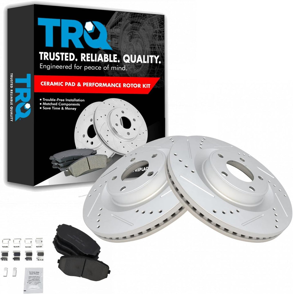 TRQ Performance Front Brake Pad and Rotor Set Ceramic G Coated Drilled Slotted Vented Rotors Compatible with 2007-2014 Ford Edge 2007-2015 Lincoln MKX