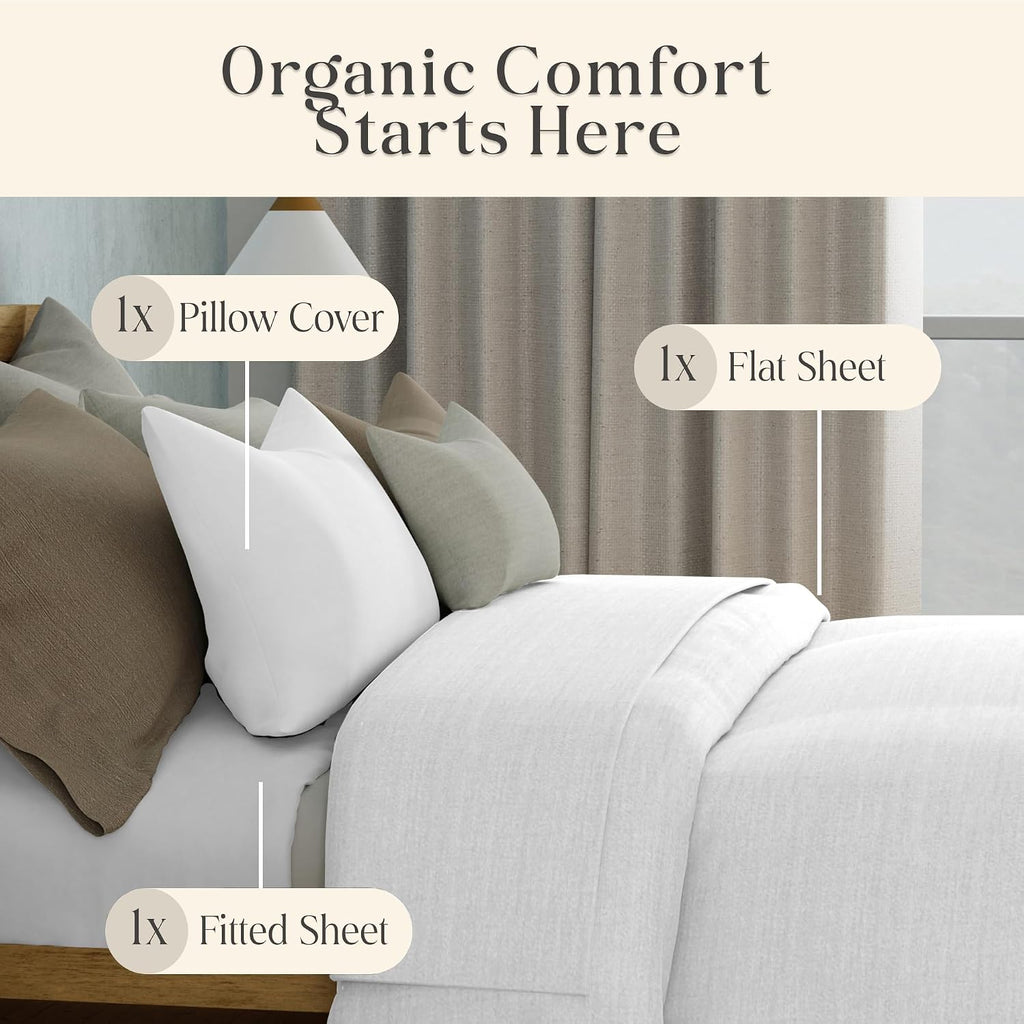 Delilah Home 100% Organic Cotton Twin Bed Sheet Set, GOTS & Vegan.org Verified, Long Stem 300 TC Sateen Bedding, Non-Synthetic, Deep Pocket Fitted Linen, Lightweight, All-Season, 3 Piece Set - White