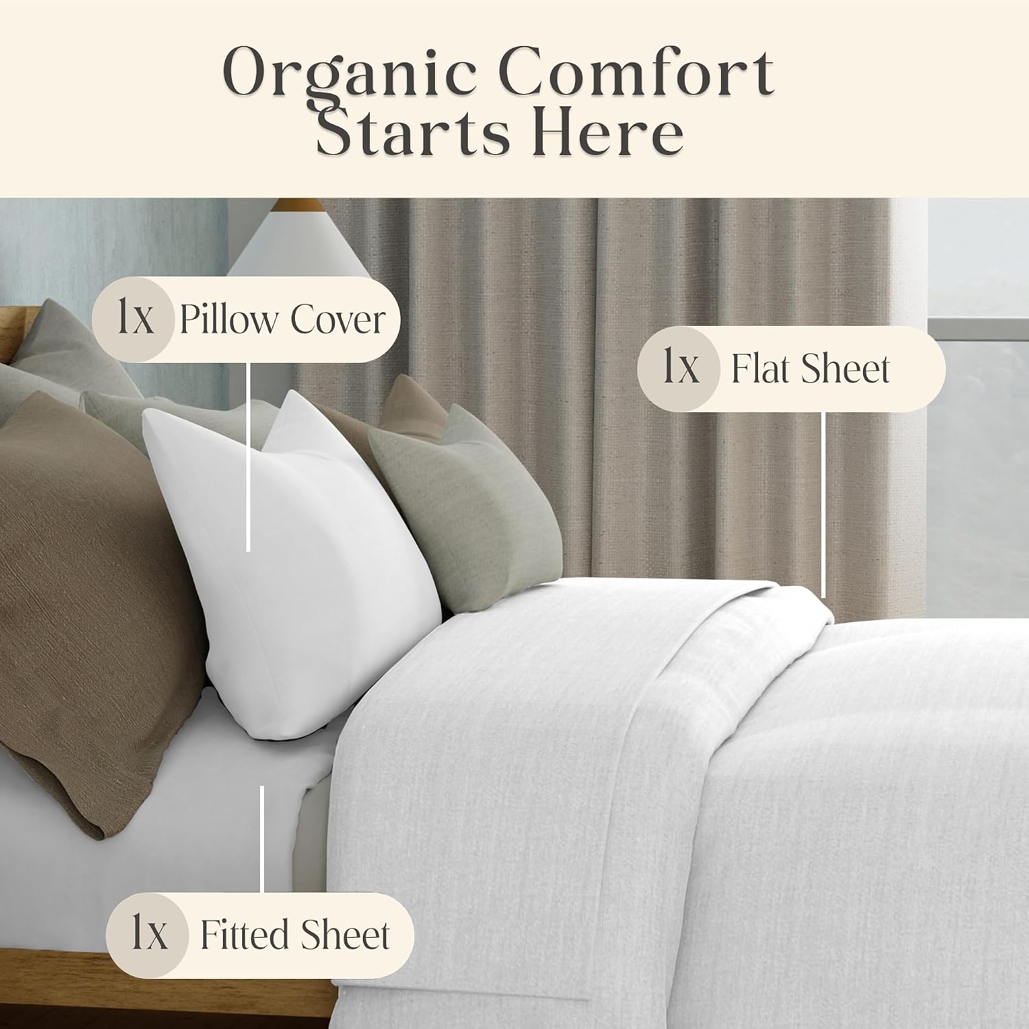 Delilah Home 100% Organic Cotton Full Bed Sheet Set, GOTS & Vegan.org Verified, Long Stem 300 TC Sateen Bedding, Non-Synthetic, Deep Pocket Fitted Linen, Lightweight, All-Season, 3 Piece Set - White