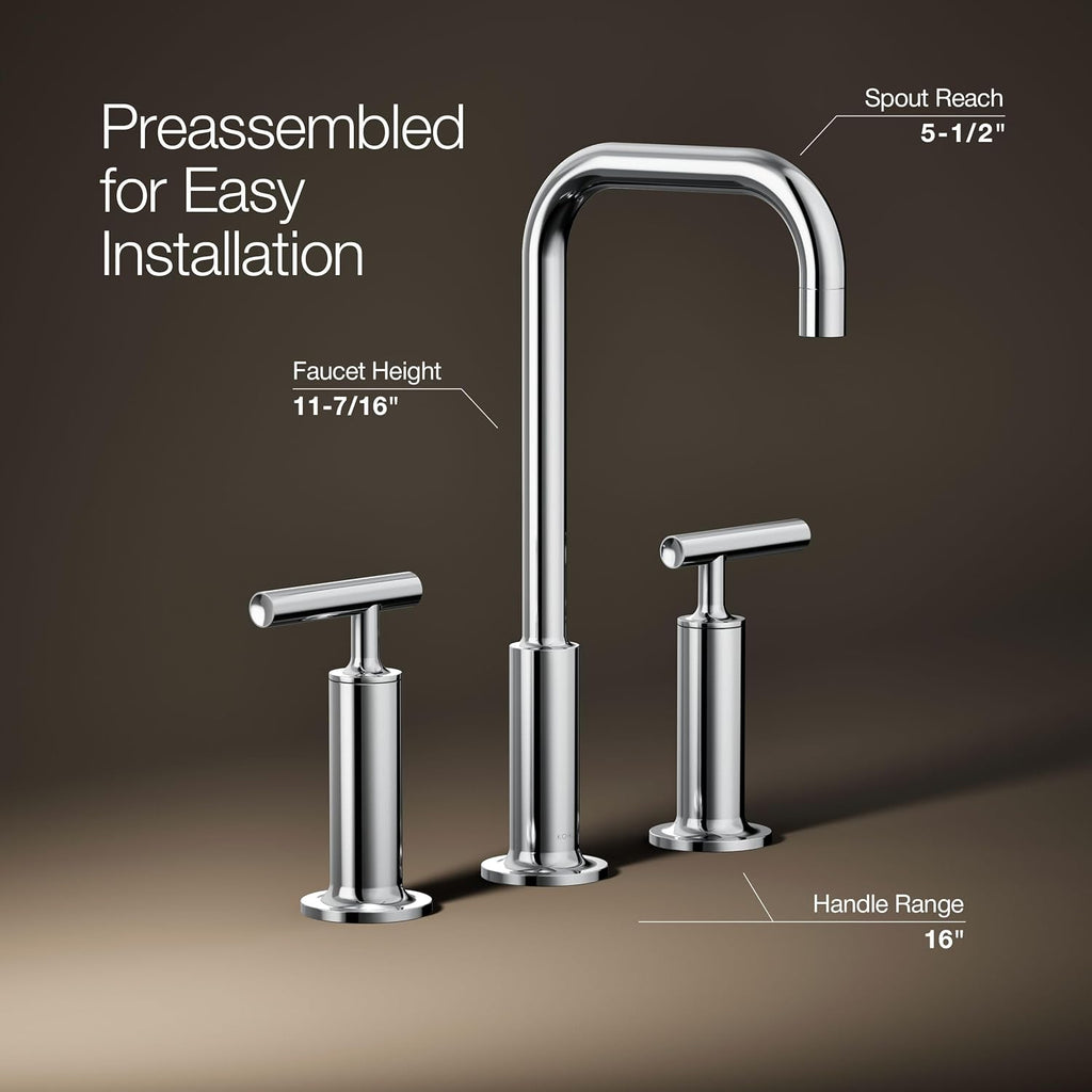 KOHLER K-14408-4-CP Purist® Widespread Bathroom Sink Faucet, 3-Hole, Widespread High Lever Handles and High Gooseneck Spout, 1.2 GPM, Polished Chrome
