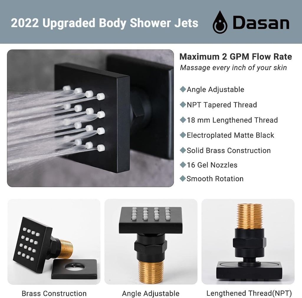 DASAN Full Body Shower System with 6 PCS Body Spray Jets & 12'' Rain Shower Head & Handheld, Ceiling Mount Rain Shower System Matte Black Shower Faucets Sets Complete with Valve, SA-SS03AMB-S12C2
