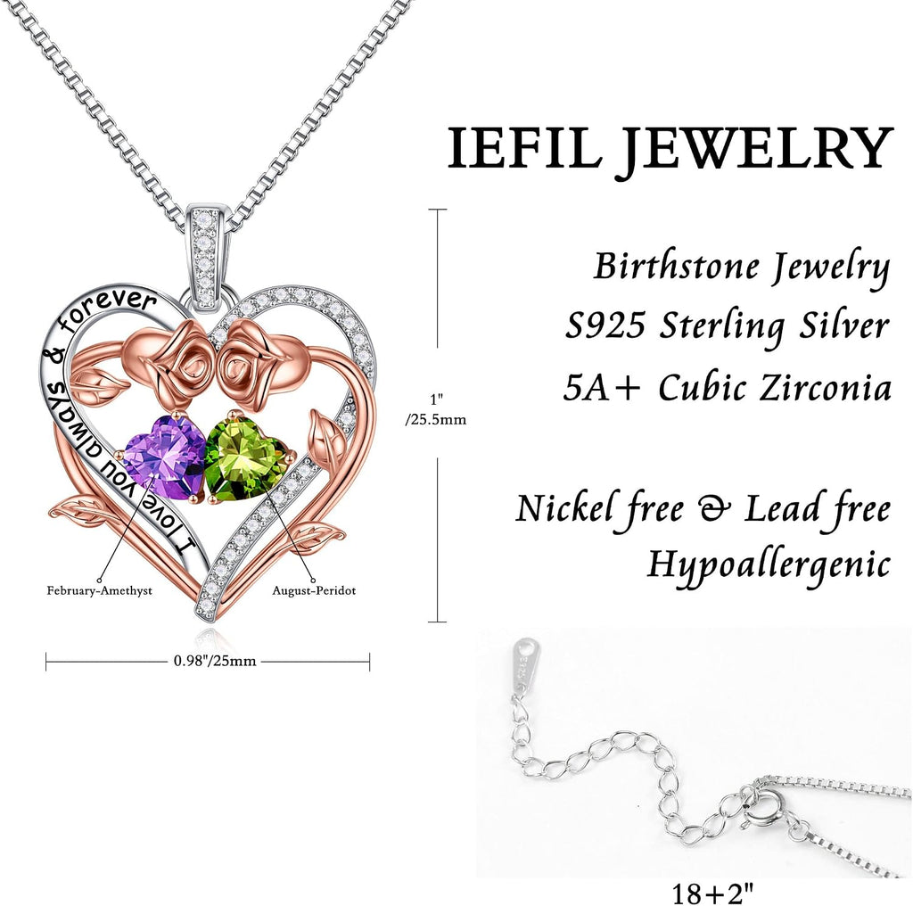 Iefil Rose Heart Double Birthstone Necklace Gifts for Wife Girlfriend Her Women, Birthstone Jewelry Gemstone Birthday Gifts for Mom Grandma Her Wife Women