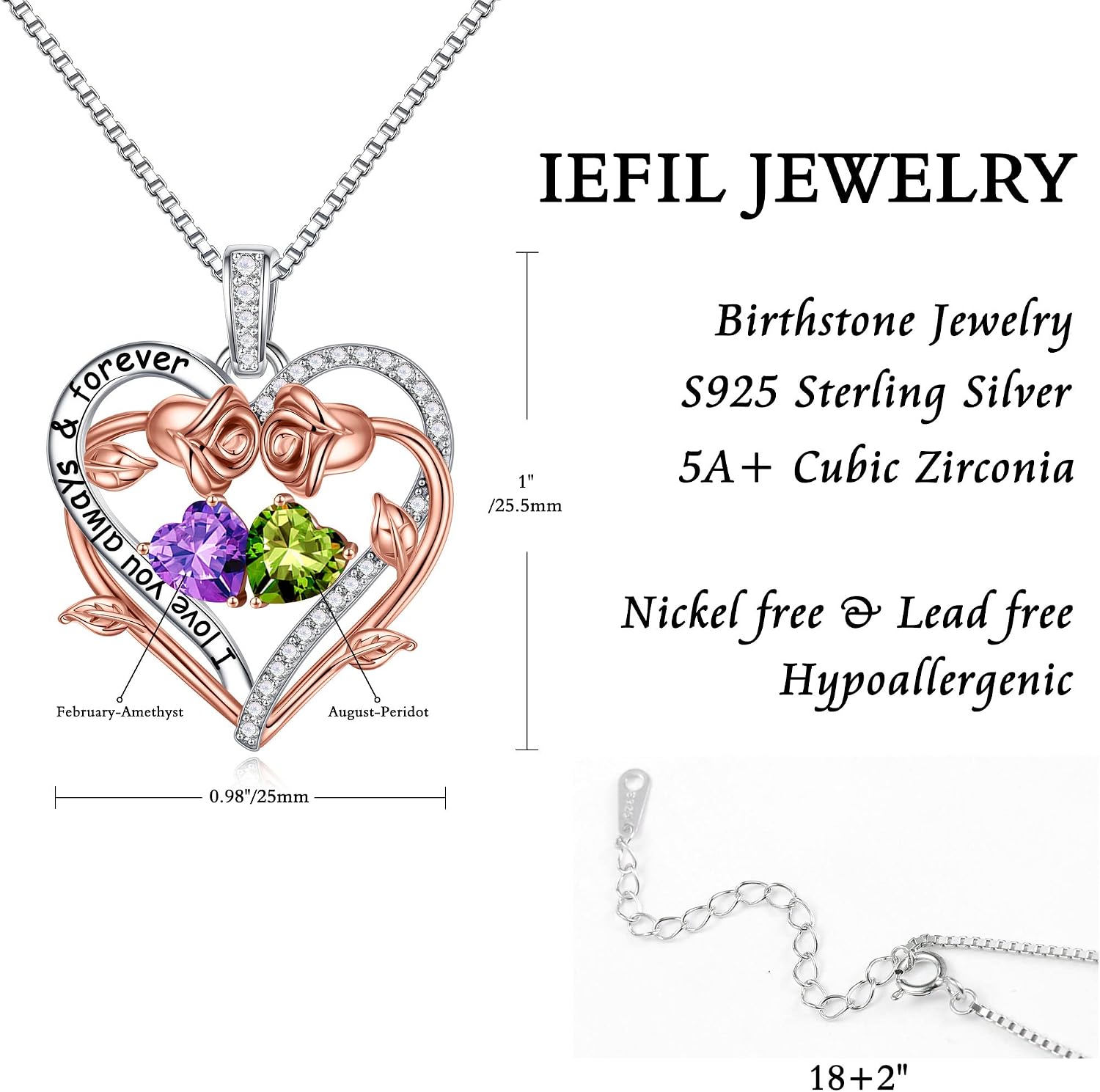Iefil Rose Heart Double Birthstone Necklace Gifts for Wife Girlfriend Her Women, Birthstone Jewelry Gemstone Birthday Gifts for Mom Grandma Her Wife Women