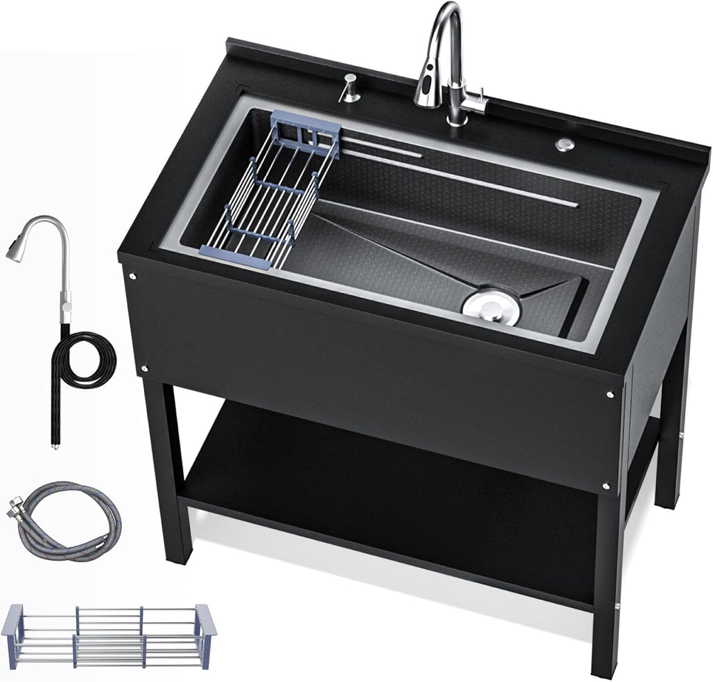 36' Freestanding Utility Sink, Heavy Duty Stainless Steel Laundry Room Sink for Garage, Outdoor Kitchen or Workshop, Modern Black Basin with Hot & Cold Water, Indoor/Outdoor Use (Black)