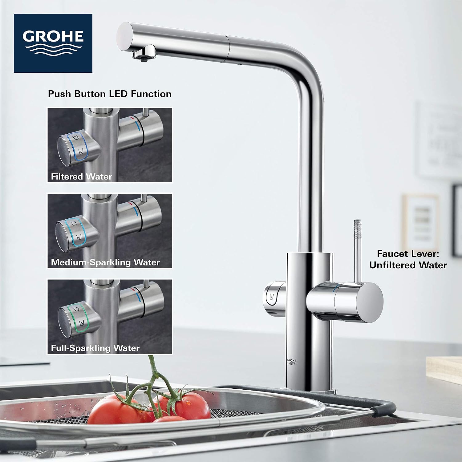 GROHE 31608002 Blue Single-Handle Pull-Out Kitchen Faucet Single Spray with Chilled & Sparkling Water, 1.75 GPM