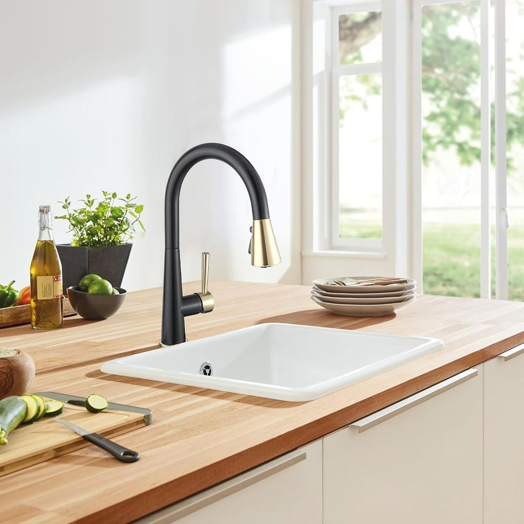 Kitchen Faucet with Pull Down Sprayer, Lava Odoro Matte Black and Brushed Gold Kitchen Sink Faucet, Black and Brass Faucet for Kitchen Sink with Magnetic Docking Spray Head and Deck Plate, KF321-GB