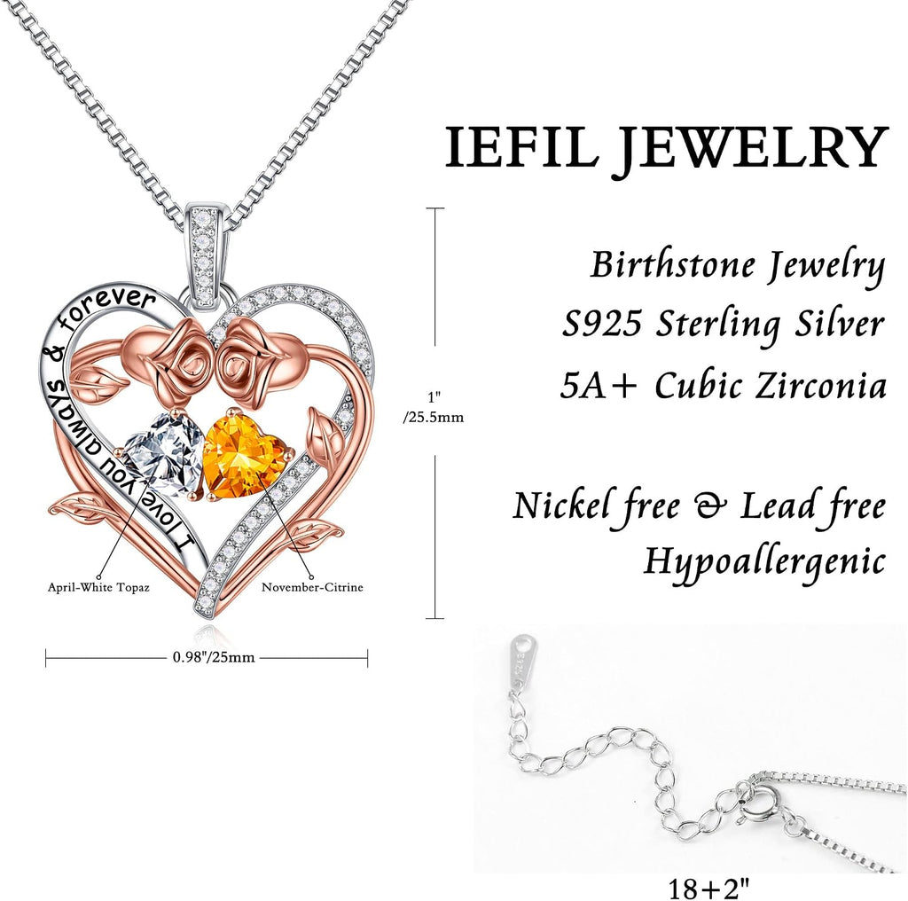 Iefil Rose Heart Double Birthstone Necklace Gifts for Wife Girlfriend Her Women, Birthstone Jewelry Gemstone Birthday Gifts for Mom Grandma Her Wife Women