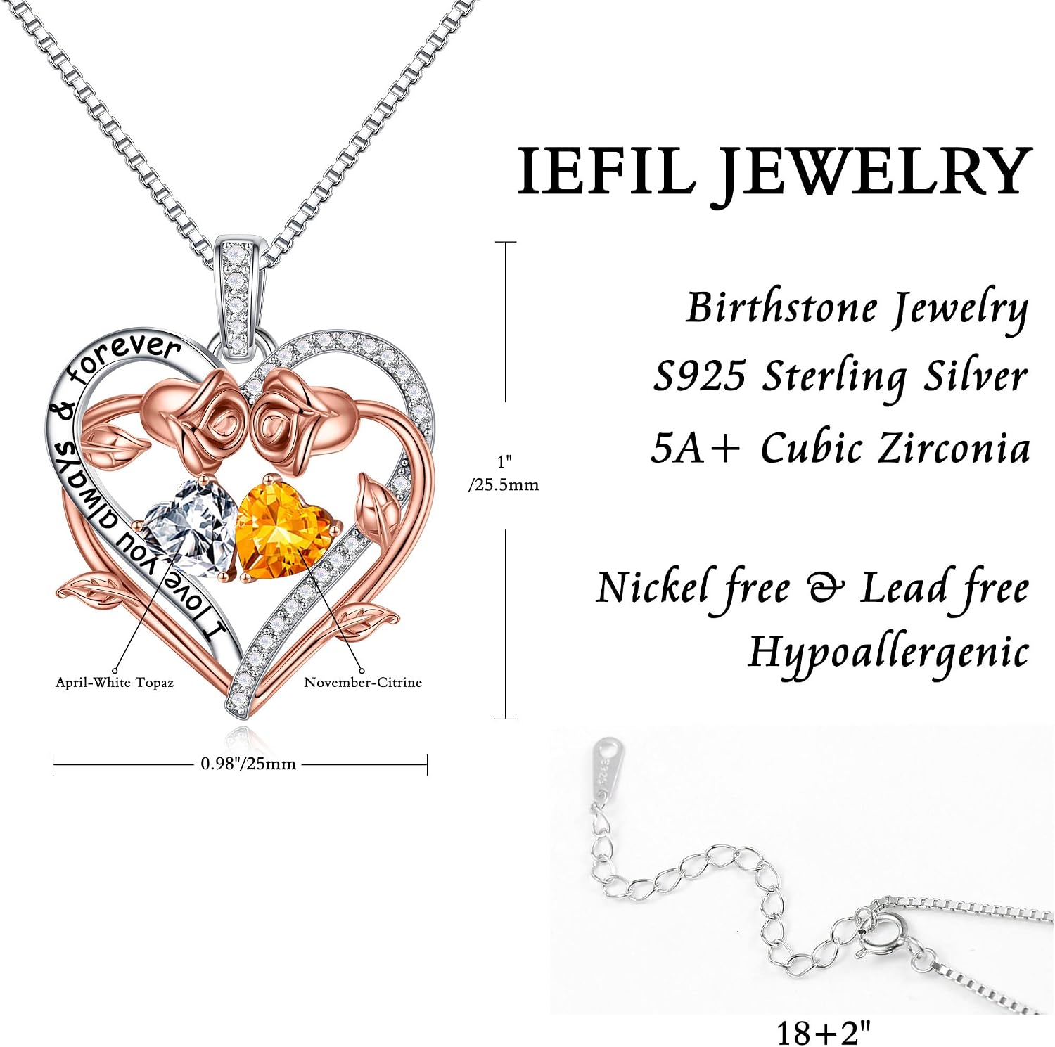 Iefil Rose Heart Double Birthstone Necklace Gifts for Wife Girlfriend Her Women, Birthstone Jewelry Gemstone Birthday Gifts for Mom Grandma Her Wife Women