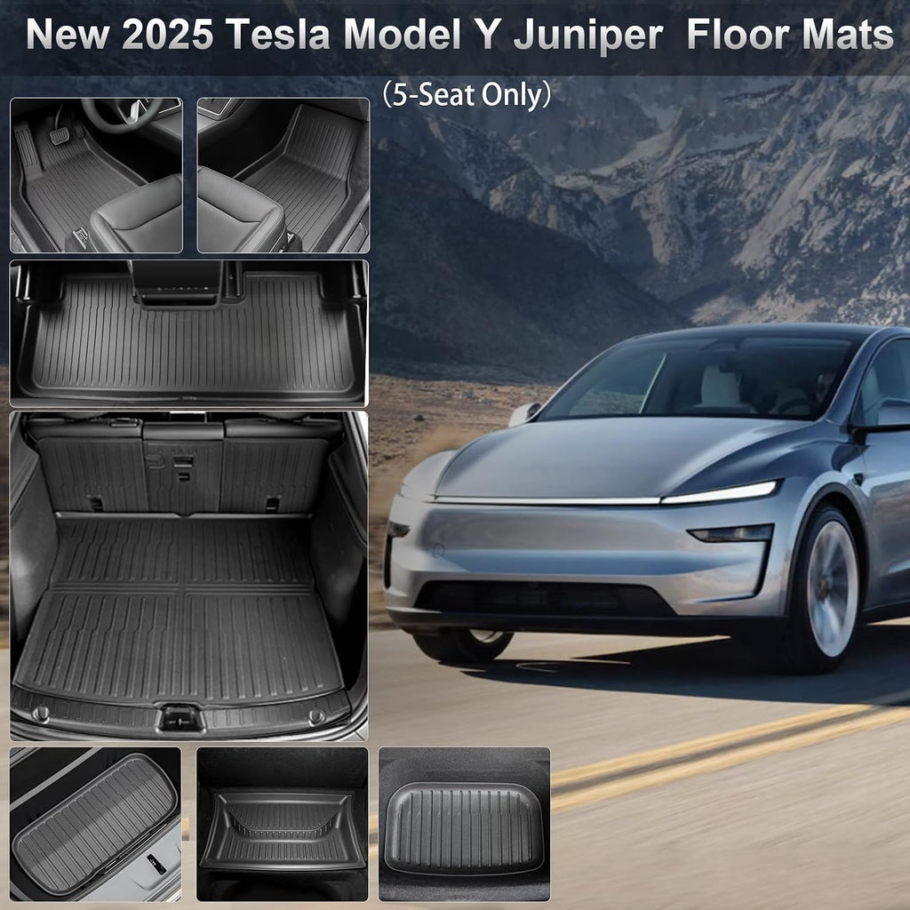 WEIZE Tesla Model Y Juniper Floor Mats 2025 2026, 11 PCS Full Set All Weather Non-Slip Floor Mats & Cargo Liners, Black Car Mats for Tesla Interior Accessories ((Not for Standard)