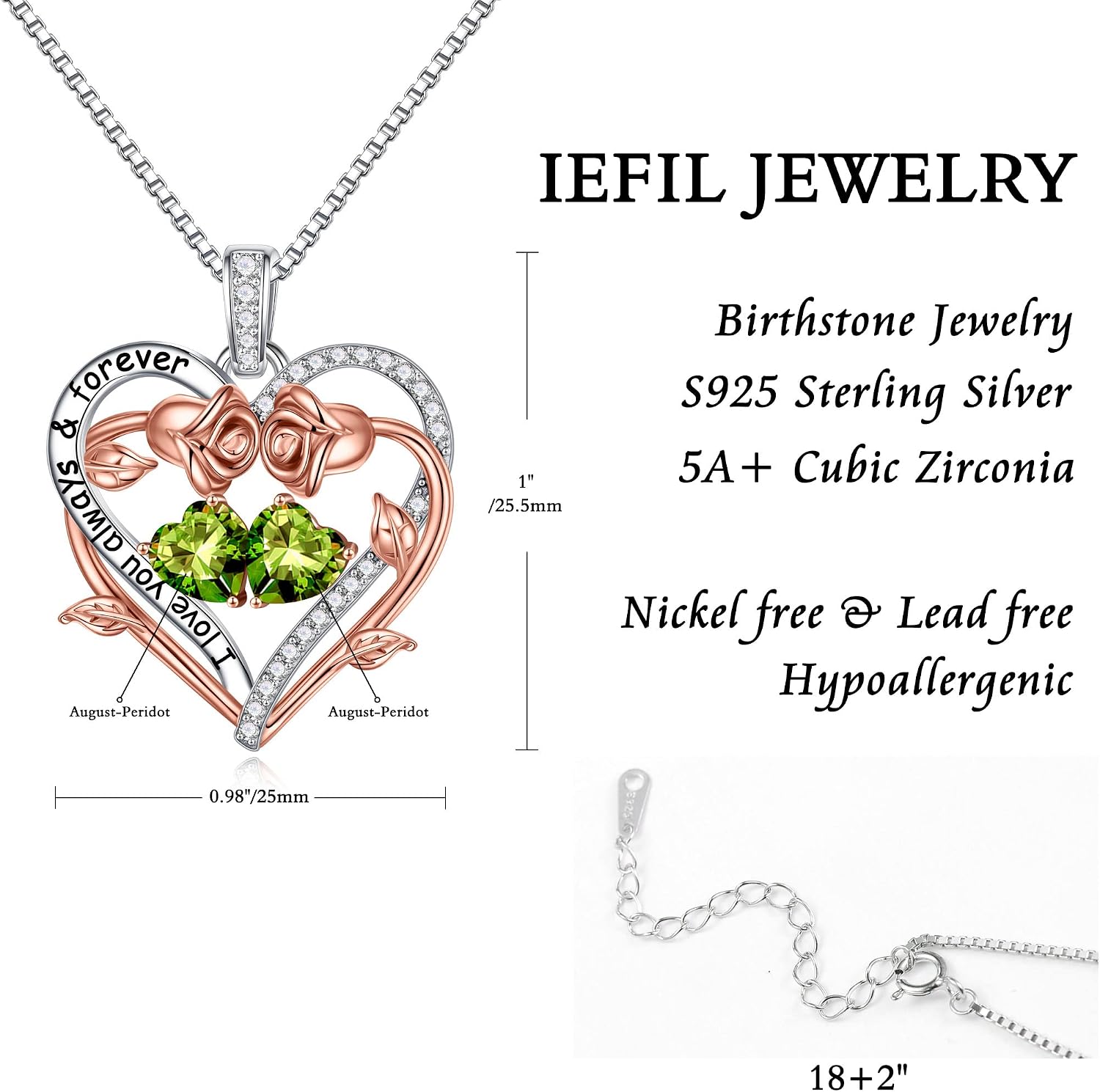 Iefil Rose Heart Double Birthstone Necklace Gifts for Wife Girlfriend Her Women, Birthstone Jewelry Gemstone Birthday Gifts for Mom Grandma Her Wife Women