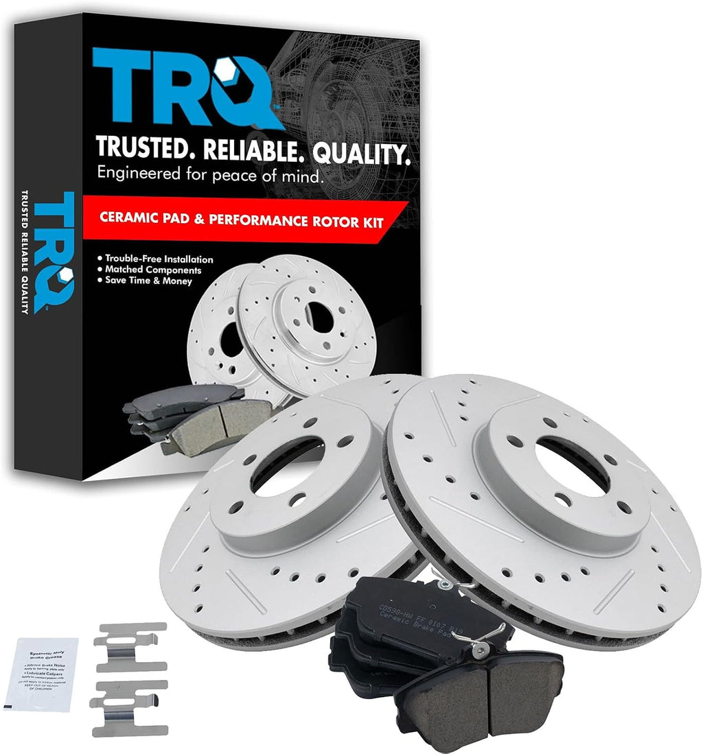 TRQ Performance Front Brake Pad & Rotor Kit G-Coated Slotted X Drilled Ceramic Compatible with 96-07 Ford Taurus 96-97 Thunderbird 95-02 Lincoln Continental 93-98 Mark VIII Mercury Cougar 01-05 Sable