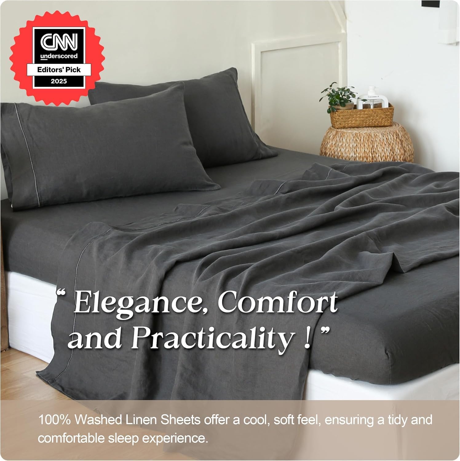 Simple&Opulence 100% Pure Linen Sheet Set Queen Size, Natural French Flax Solid Color 4 Pcs Washed Breathable, Farmhouse Bedding (1 Flat Sheet,1 Fitted Sheet,2 Pillowcases)-Embroidery Dark Grey