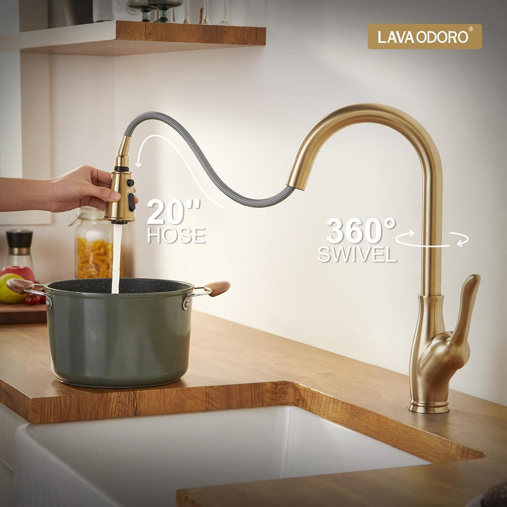Lava Odoro Champagne Gold Kitchen Faucet with Pull Down Sprayer, Bronze Gold Kitchen Sink Faucet with Magnetic Docking Spray 3-Function, Brass Faucet for Kitchen Sink 1 Hole and 3 Hole, KF271-CB