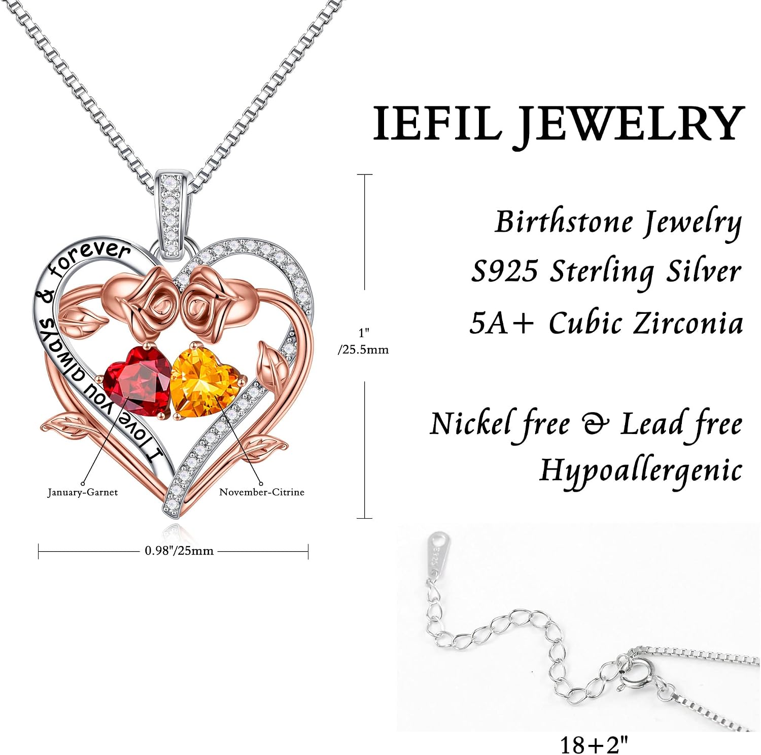 Iefil Rose Heart Double Birthstone Necklace Gifts for Wife Girlfriend Her Women, Birthstone Jewelry Gemstone Birthday Gifts for Mom Grandma Her Wife Women
