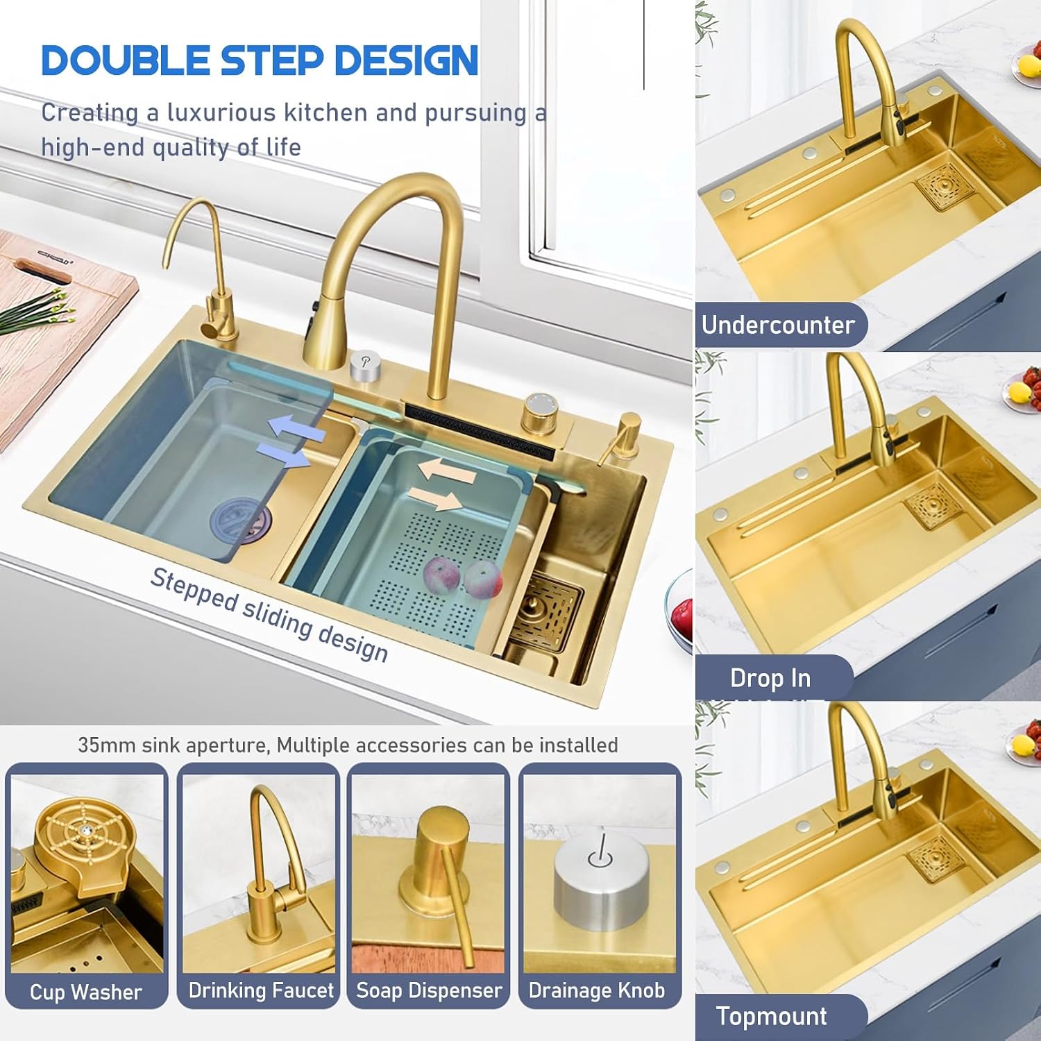 Gold Waterfall Sink - Handmade Multifunctional Kitchen Workstation Sink Ergonomic Single Bowl Dishwashing Sink 75X45X22Cm Elegant Household Design For Modern Kitchens,3434 One Color 75X45X22Cm