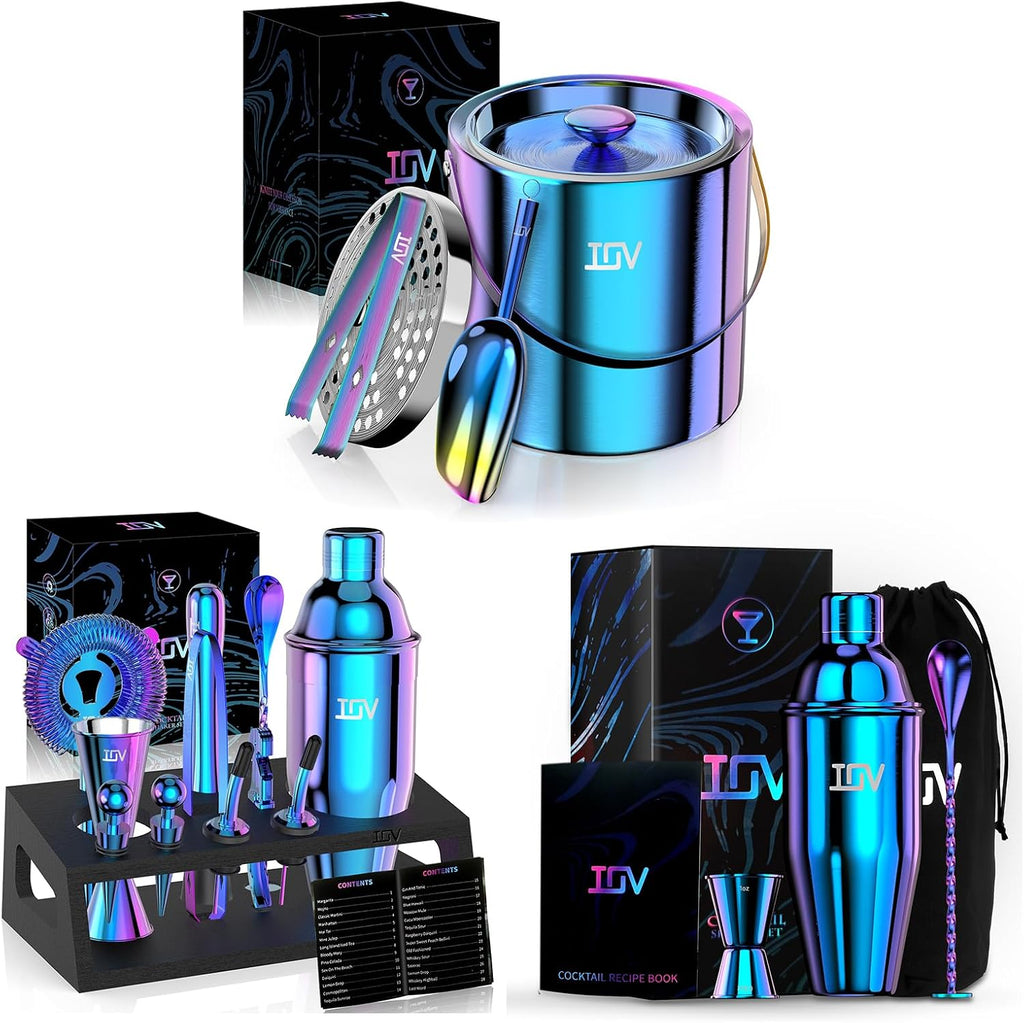 IOV Ice Bucket Set | Cocktail Shaker Bar Set | Mixology Bartender Kit with Stand | 3 L Stainless Steel Double Wall Ice Bucket with Lid, Scoop, Tongs, and Strainer, 12-Piece 24oz Martini Shaker Set