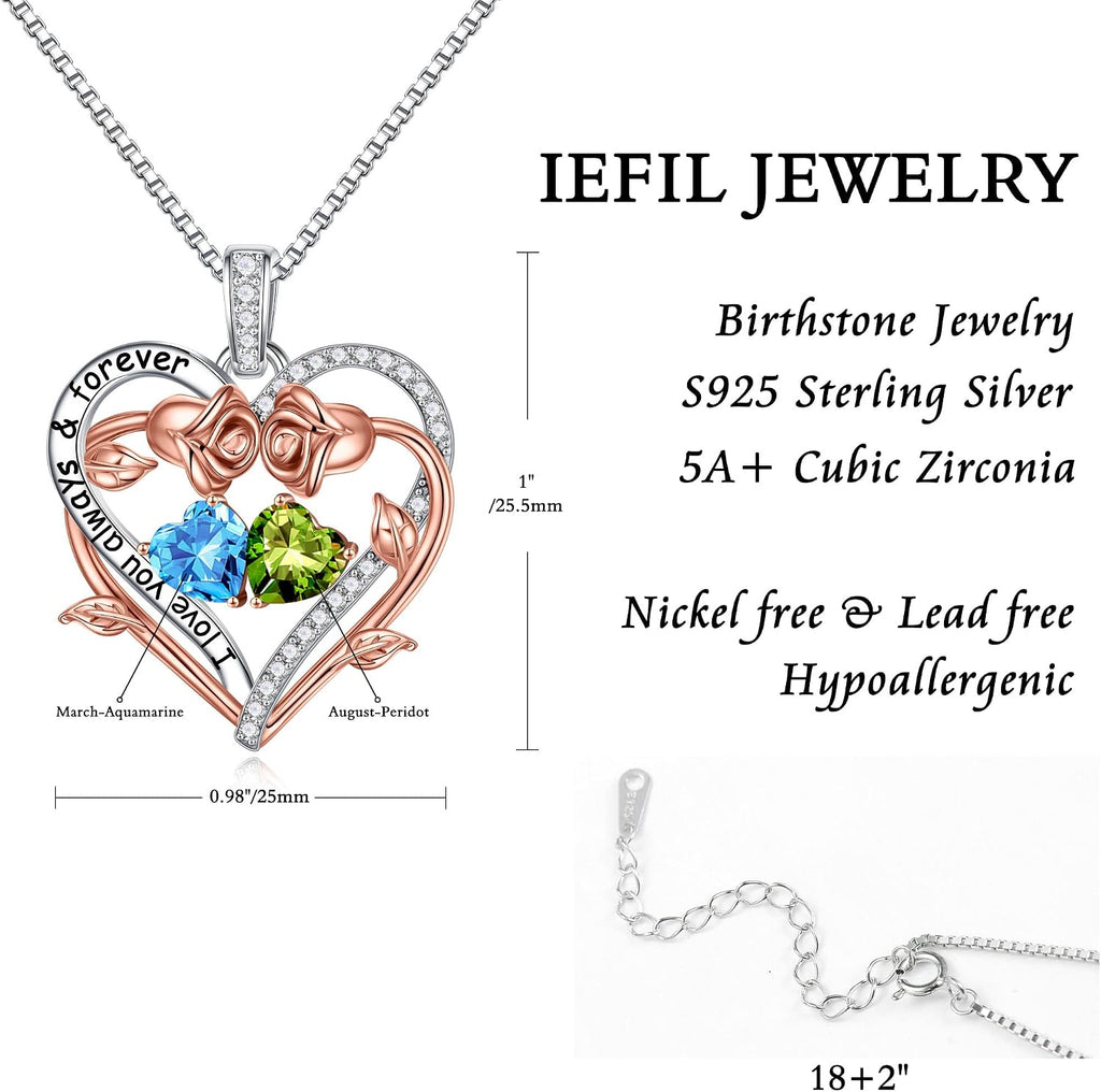 Iefil Rose Heart Double Birthstone Necklace Gifts for Wife Girlfriend Her Women, Birthstone Jewelry Gemstone Birthday Gifts for Mom Grandma Her Wife Women