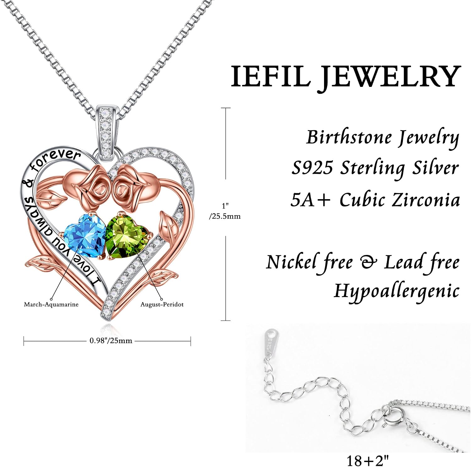 Iefil Rose Heart Double Birthstone Necklace Gifts for Wife Girlfriend Her Women, Birthstone Jewelry Gemstone Birthday Gifts for Mom Grandma Her Wife Women