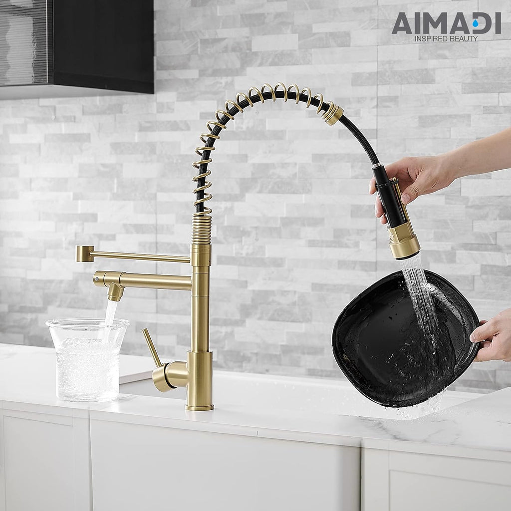 Brushed Gold Kitchen Faucet with Pull Down Sprayer, AIMADI Commercial Gold Kitchen Sink Faucet Single Handle Spring Two Nozzles Faucets