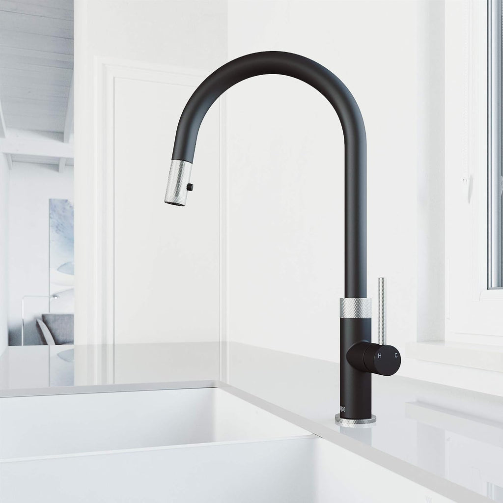 VIGO Bristol 19'' H Single Handle Pull-Down Sprayer Kitchen Faucet in Stainless Steel and Matte Black-VG02033STMB
