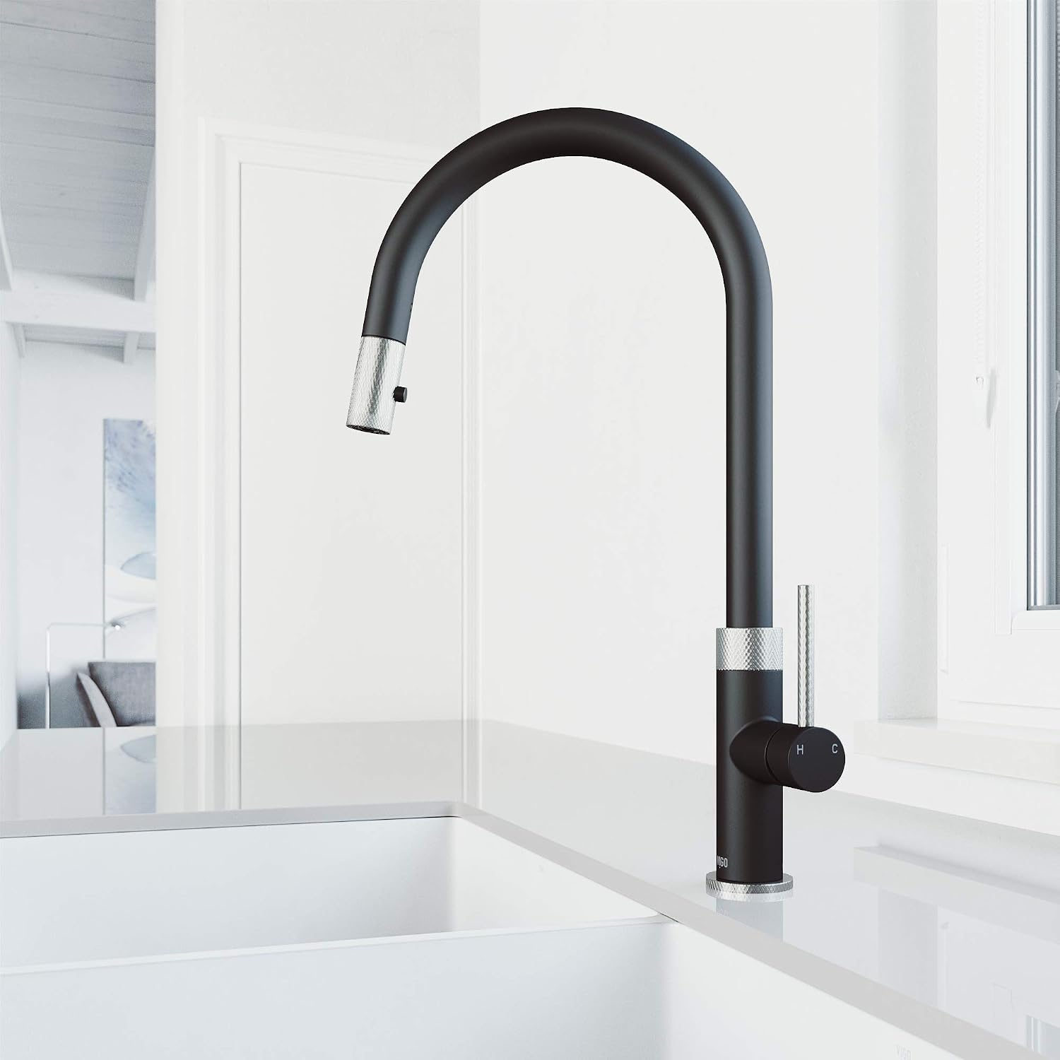VIGO Bristol 19'' H Single Handle Pull-Down Sprayer Kitchen Faucet in Stainless Steel and Matte Black-VG02033STMB