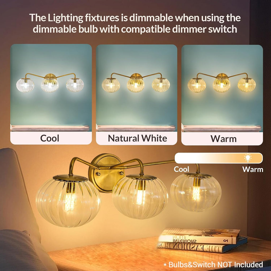 ANDY STAR Brushed Gold Vanity Lights, 3 Light Bathroom Light Fixtures with Clear Pumpkin-Ribbed Glass Globe Shade, Brass Vintage Striped Wall Lights, Up or Down, G9 Base (No Bulbs)