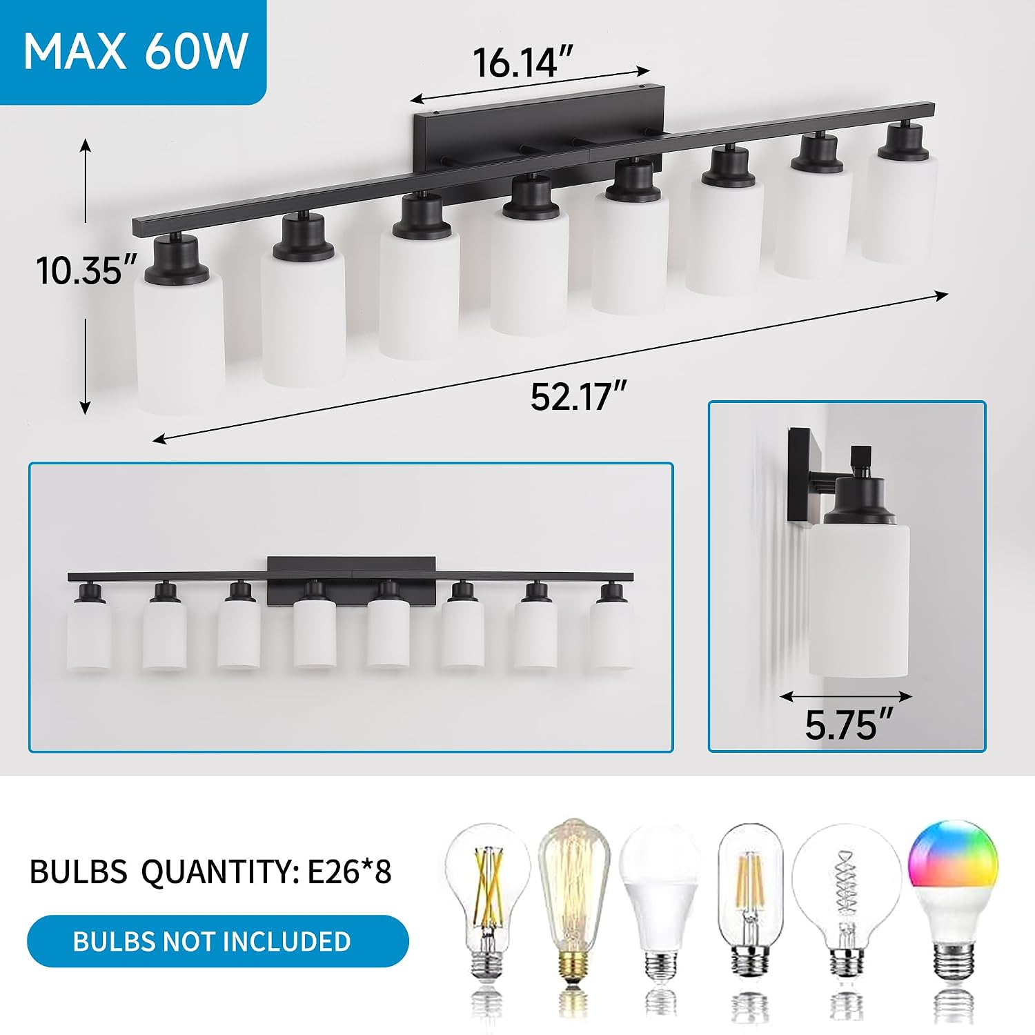 8-Light Matte Black Bathroom Vanity Light Modern Black Bathroom Light Fixtures Over Mirror Vintage Vanity Wall Sconce Light With White Glass Shade Wall Lamps For Living Room Bedroom Bulbs Not Included