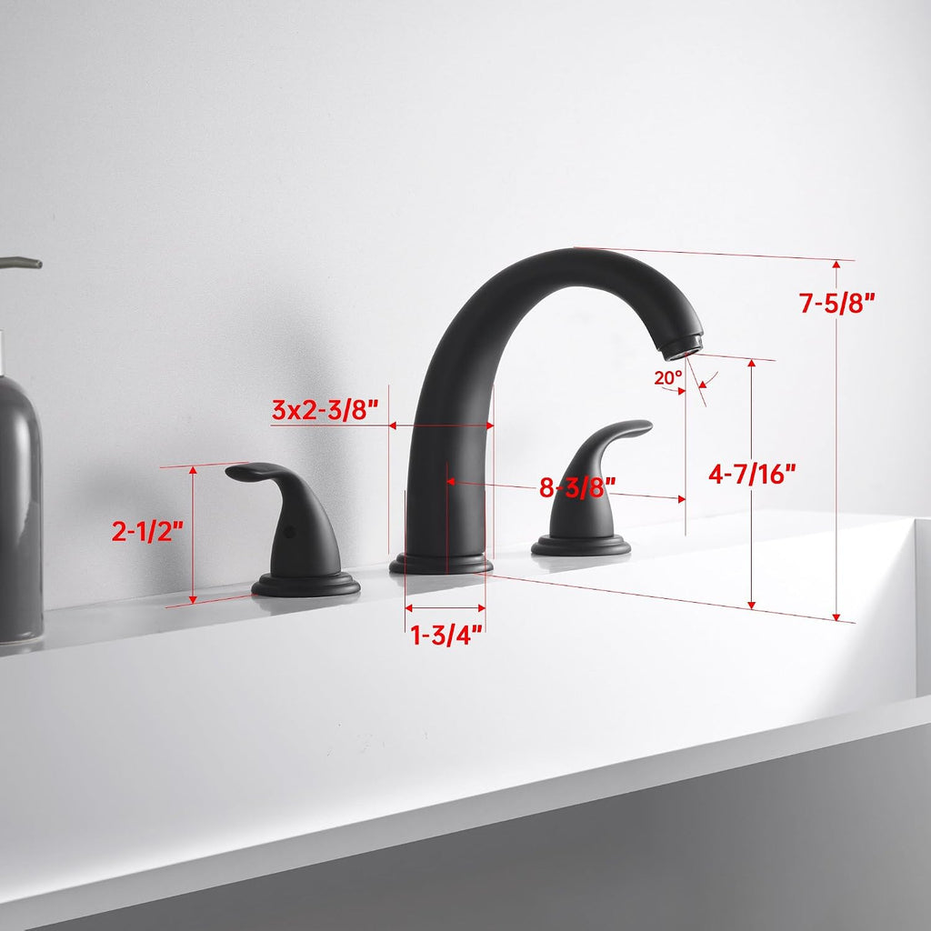 SUMERAIN Matte Black 3 Hole Deck Mounted Widespread Roman Tub Faucet Set with Valve, Classic