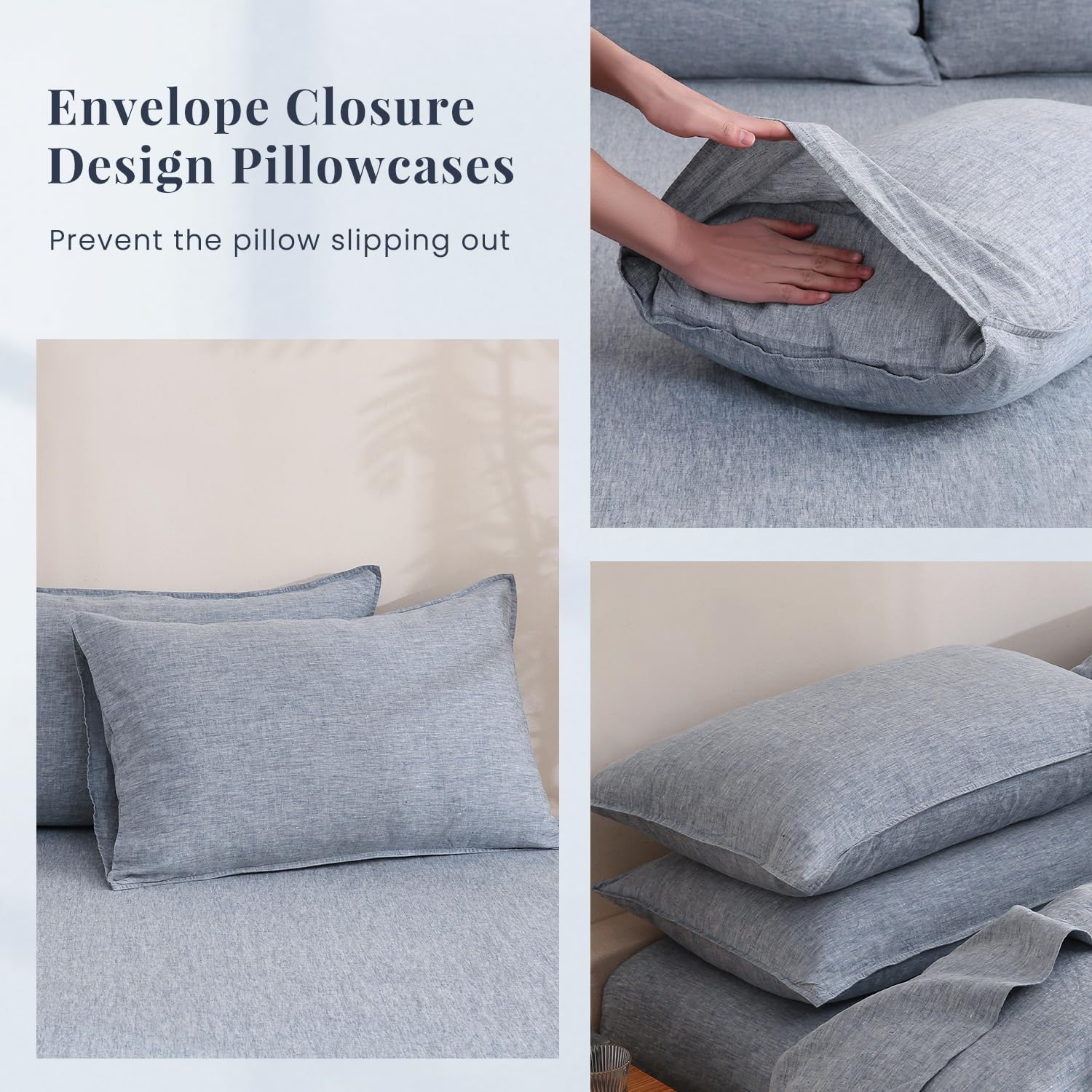 S VICTORY SYMBOL 100% Organic Linen Chambray Sheets Set King Size,Washed French Flax Bed Sheets 4 Pieces(2 Pillowcases,1 Fitted Sheet,1 Flat Sheet) 16inch Deep Pockt,Yarn Dyed Blue Denim