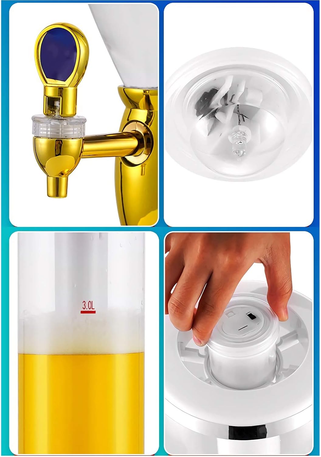 Beer Dispenser Tabletop Beer Dispenser Gold Beverage Dispenser, 1.5L/ 3L Beer Tower with Faucet, Lights and Ice Tube, Perfect for Bar Party Restaurant KTV Restaurant (3L)