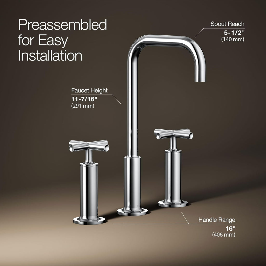 KOHLER K-14408-3-CP Purist® Widespread Bathroom Sink Faucet, 3-Hole, Widespread High Cross Handles and High Gooseneck Spout, 1.2 GPM, Polished Chrome