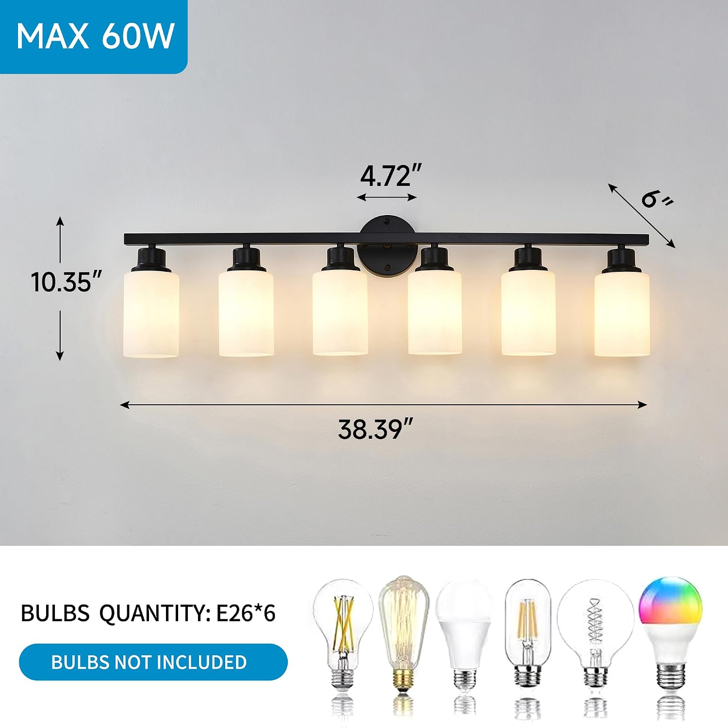 6-Light Matte Black Bathroom Vanity Light Modern Black Bathroom Light Fixtures Over Mirror Vintage Vanity Wall Sconce Light With White Glass Shade Wall Lamps For Living Room Bedroom Bulbs Not Included