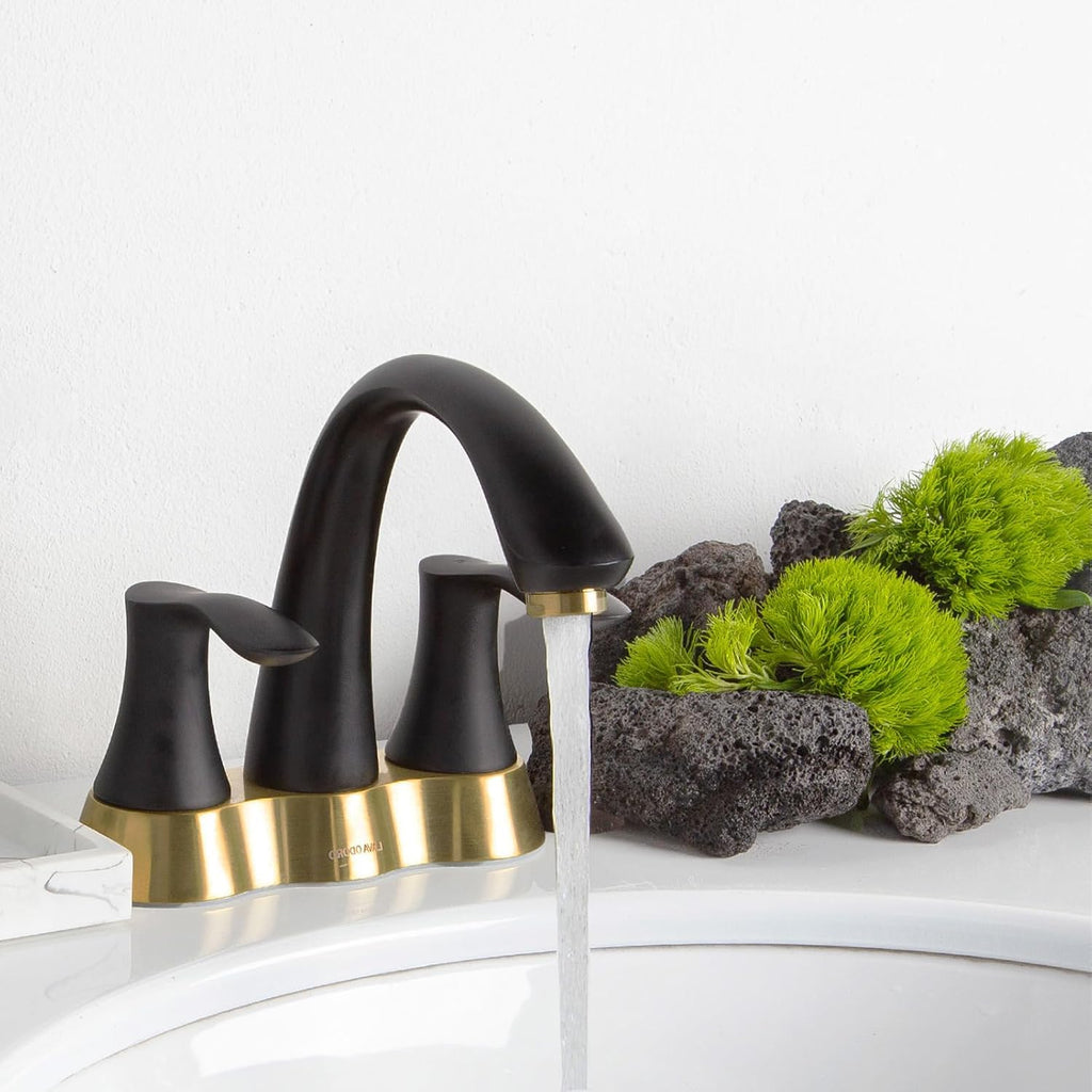 Black and Gold Bathroom Faucet, Lava Odoro 2 Handle 4 Inch Centerset Bathroom Sink Faucet Vanity Faucet with Pop up Drain Assembly Supply Line, BF423-BG