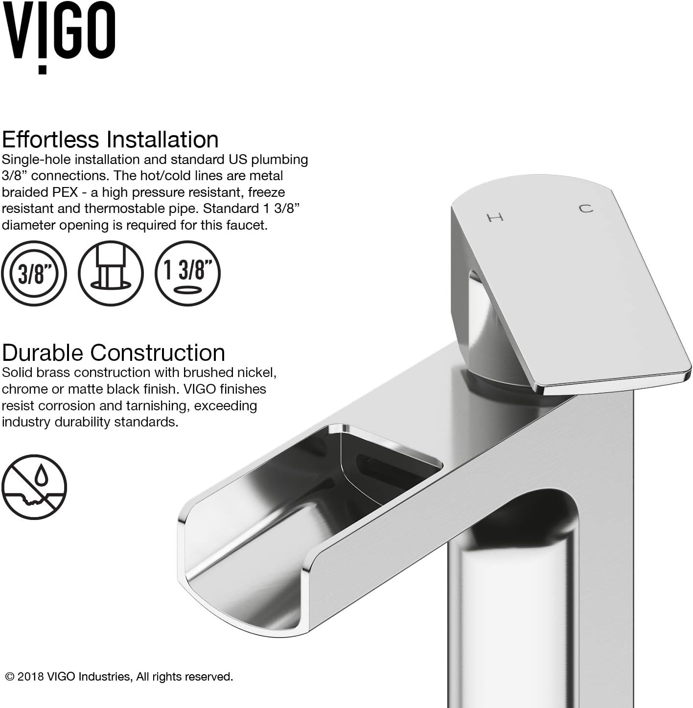 VIGO Ileana Waterfall Single-Handle Single-Hole Mount Bathroom Sink Faucet, 7-Inch, Chrome, Modern Design, Solid Brass, 1.2 GPM WaterSense & Ceramic Disc Valve, Corrosion-Resistant