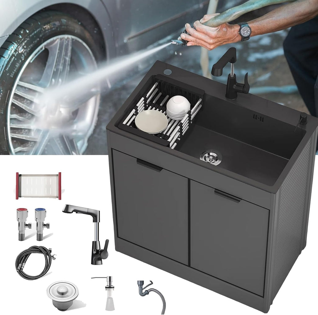 Stainless Steel Utility Sink Kitchen Sink and Cabinet, 31.4' Outdoor Sink Station, Single Bowl Kitchen Sink with Pull-Down Cold and Hot Water Faucet,Hoses and Drain Kit for Kitchens
