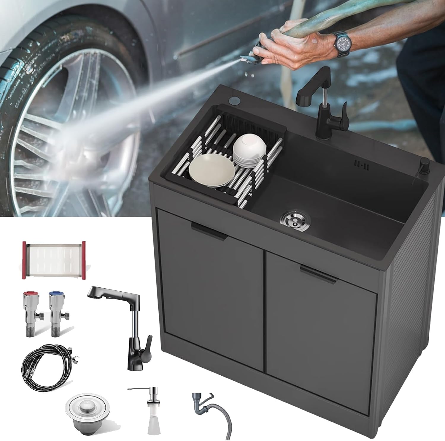 Stainless Steel Utility Sink Kitchen Sink and Cabinet, 31.4' Outdoor Sink Station, Single Bowl Kitchen Sink with Pull-Down Cold and Hot Water Faucet,Hoses and Drain Kit for Kitchens