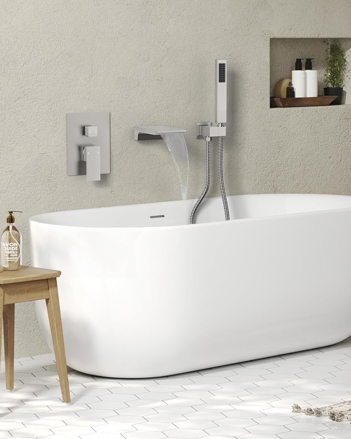 Wall Mounted Bathtub Shower Faucet Set, Bathroom Shower Fixtures Set Combo with Tub Spout and Handheld Shower Head Spray, Brushed Nickel