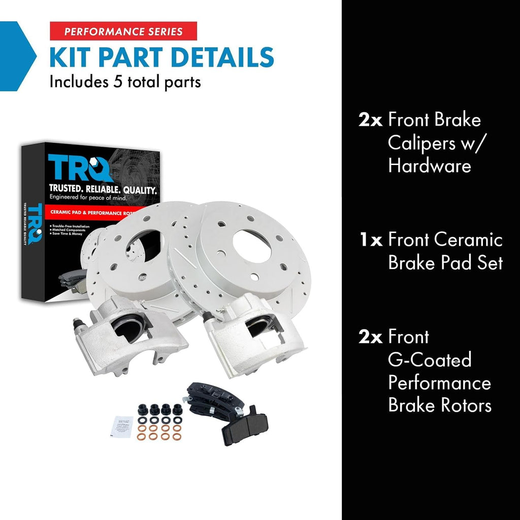 TRQ Performance Front Brake Pad & Rotor Set Ceramic Slotted Drilled Coated Vented Rotors Calipers for 88-00 Chevrolet GMC K1500 K2500 Blazer K1500 Suburban Tahoe Yukon 99-00 Cadillac Escalade