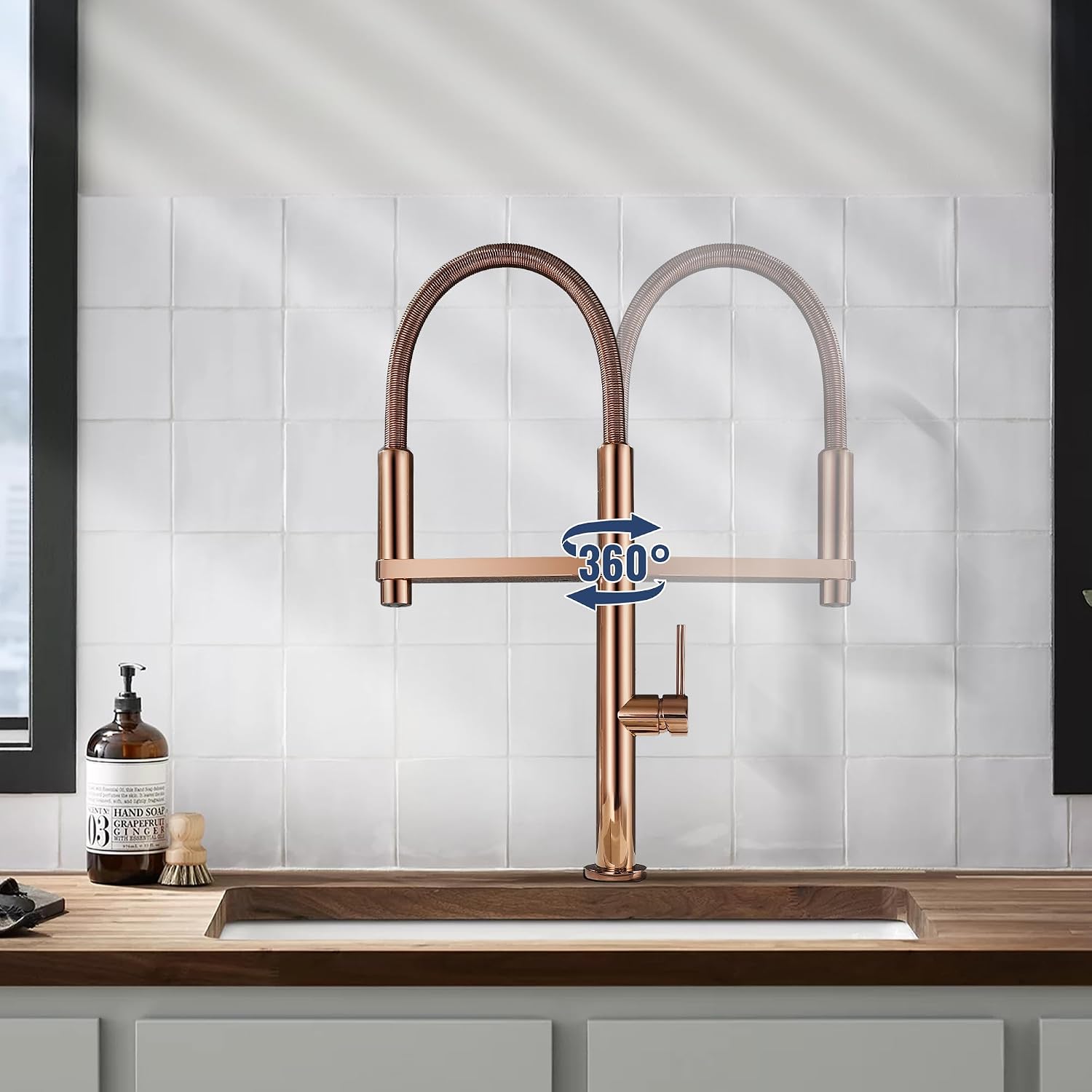 Magnetic Docking Kitchen Faucet with Pull Down Sprayer, Dual-Function Spray and 360 Degree Swivel, Commercial Spring Kitchen Faucet, Rose Gold