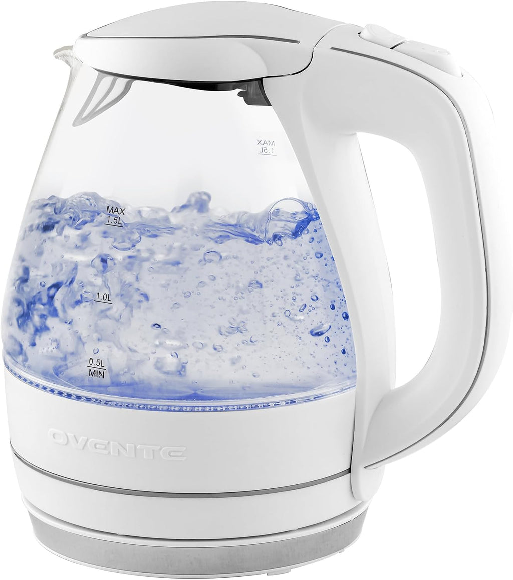 OVENTE Electric Kettle,1.5L Borosilicate Glass Countertop Water Heater & Boiler for Coffee or Tea,BPA-Free,Auto Shut-Off,Boil-Dry Protection,Removable & Washable Spout Filter,White KG83W,(Pack of 8)