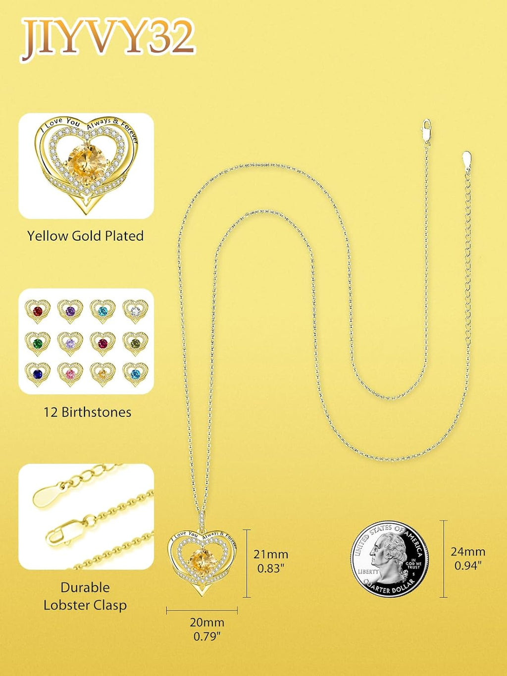 14K Gold Heart Necklaces for Women with Birthstone Pendant ，Double Hearts Necklace Jewelry Gift for Girlfriend Mom Anniversary Birthday Adjustable Chain 18' + 2' 'I Love You Always & Forever