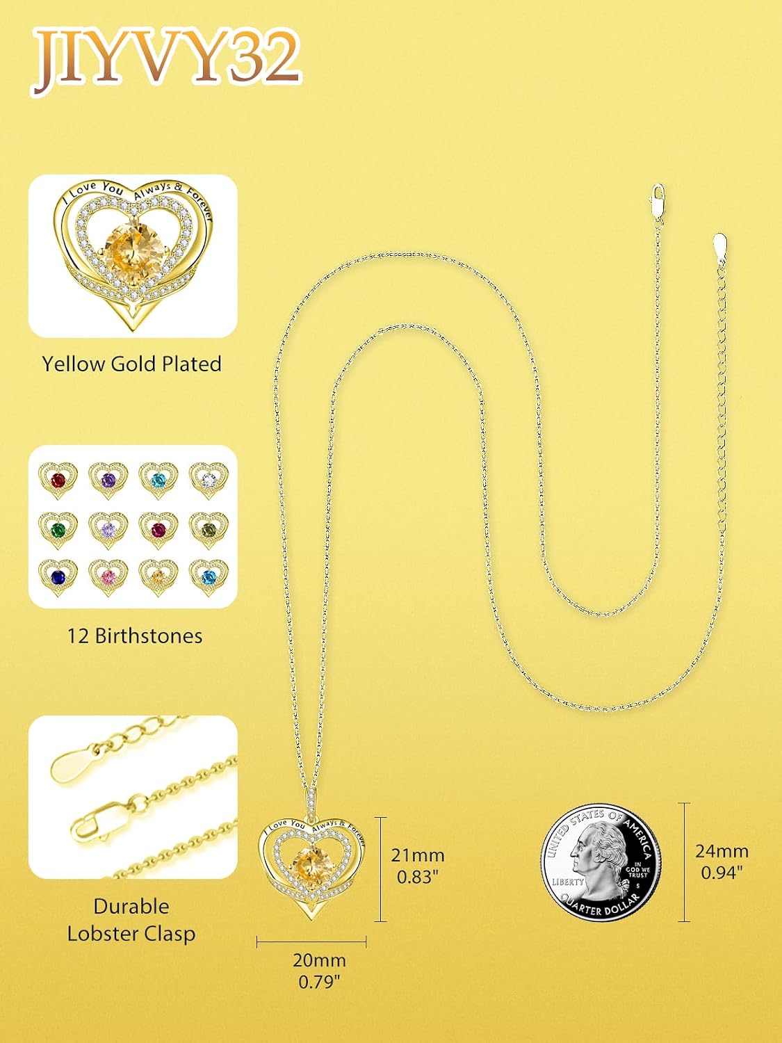 14K Gold Heart Necklaces for Women with Birthstone Pendant ，Double Hearts Necklace Jewelry Gift for Girlfriend Mom Anniversary Birthday Adjustable Chain 18' + 2' 'I Love You Always & Forever