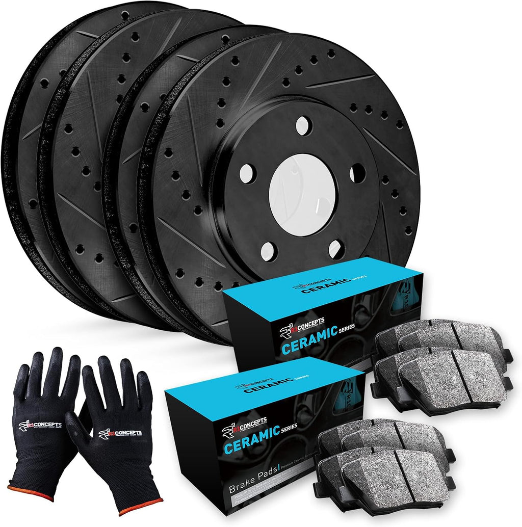 R1 Concepts Front and Rear Brake Kit Fits 2009-2010 Pontiac Vibe; 2009-2011 Toyota Corolla; 2014-2019 Toyota Corolla| Ceramic Brake Pads and Drilled Slotted Brake Rotors| 10.8' Front & 10.2' Rear