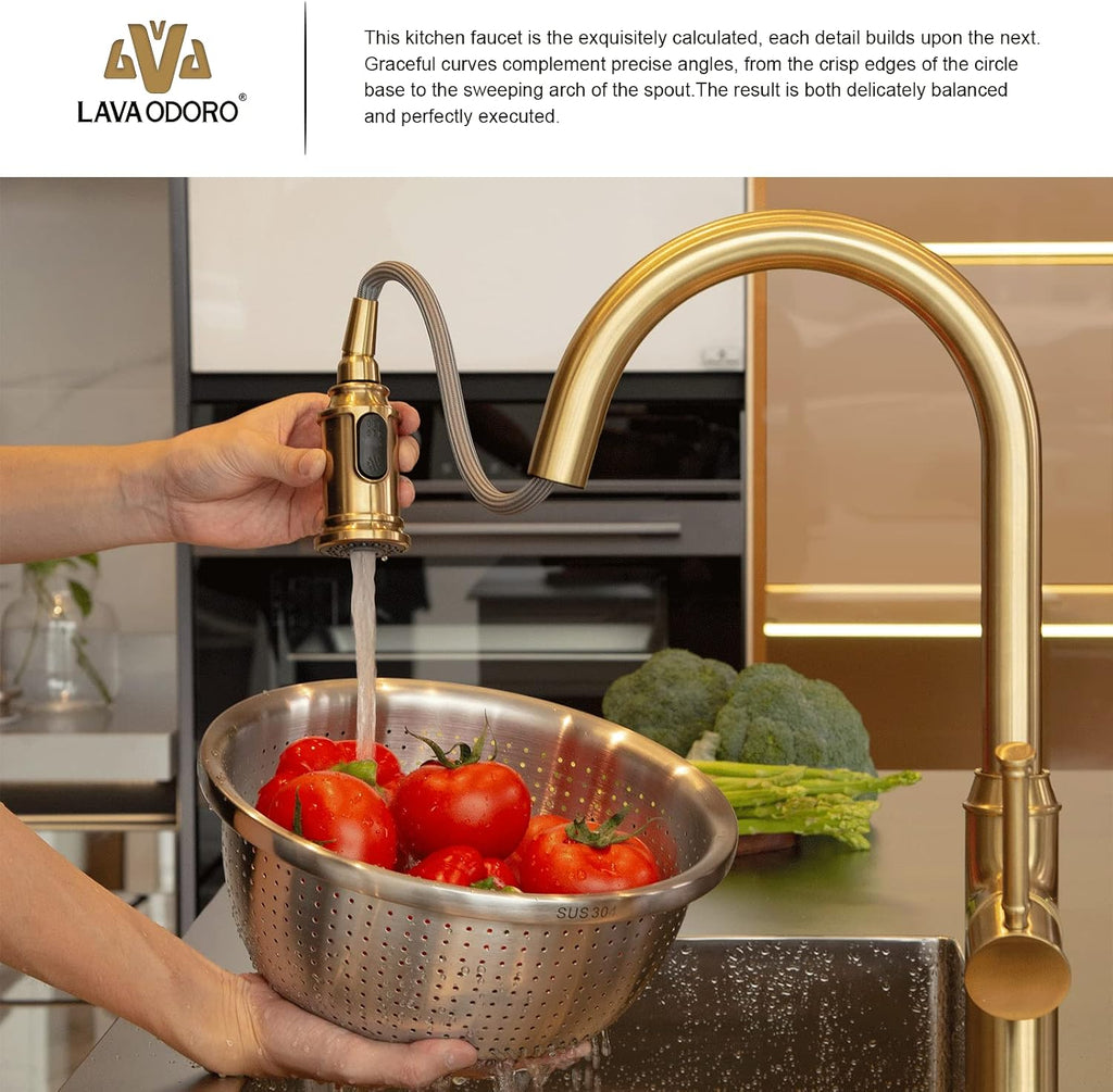 Lava Odoro Bronze Gold Kitchen Faucet with Pull Down Sprayer, Brushed Brass Kitchen Sink Faucet, Single Hole Kitchen Faucet with 3-Function Sprayer, Deck Plate Included, Spot-Free, 1.8 GPM, KF421-BB