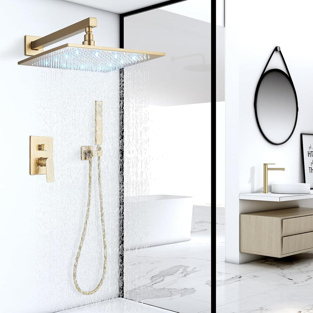 Brushed Gold Rain Shower System with 12 Inch LED Shower Head and Brass Handheld with Brass Valve and Trim Kit Shower Faucets Sets Complete