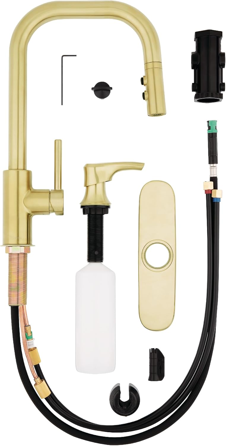 Pfister Zanna Kitchen Faucet with Pull Down Sprayer and Soap Dispenser, Single Handle, High Arc, NSF Certified, Brushed Gold Finish, F5297ZNRBG