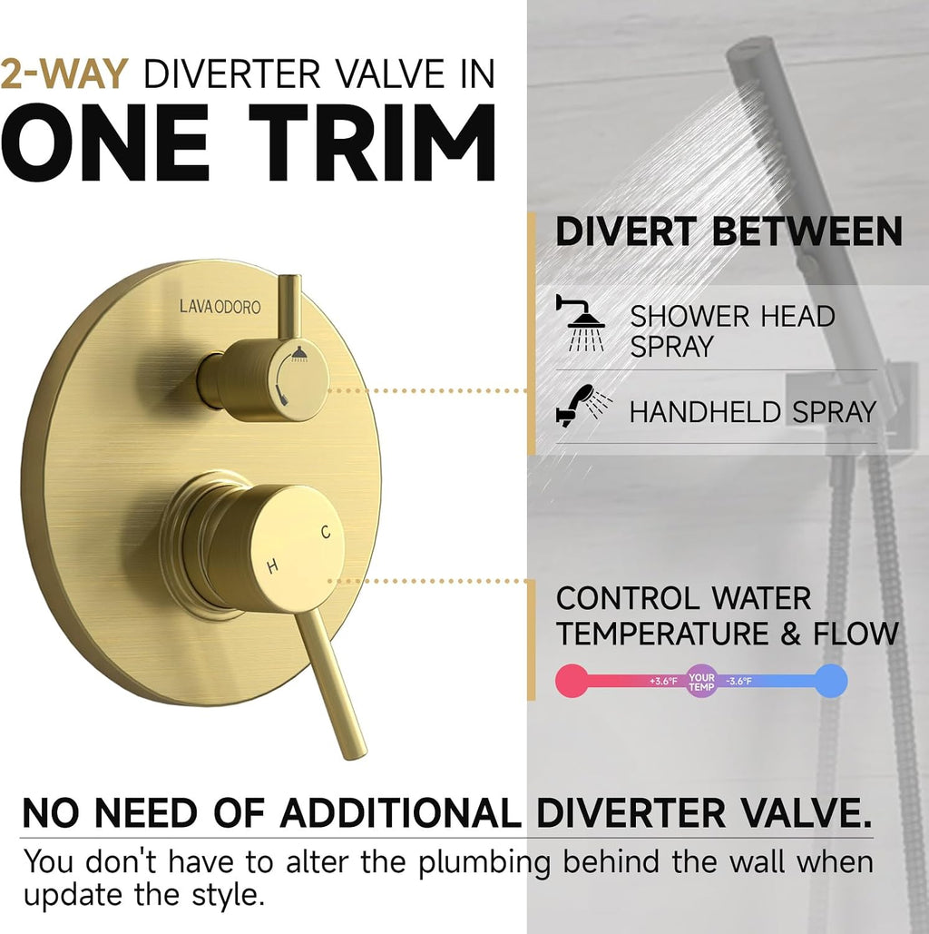 Lava Odoro Modern 2-Setting Round Rain Shower System, Gold Rainfall Shower Faucet Set Rain Shower Head and Handle Set, Shower Valve Trim Kit, 10 Inch, Brushed Gold, SF104-SG