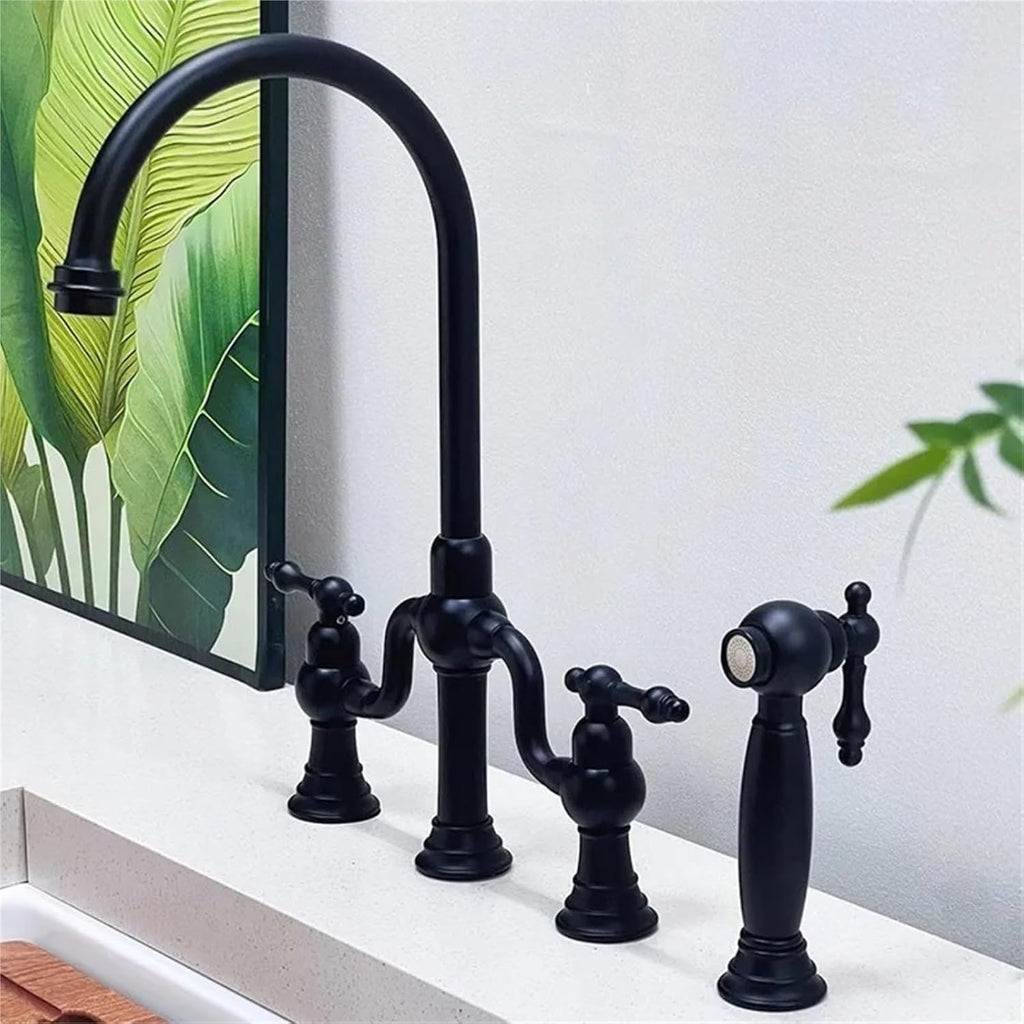 Pull Out Kitchen Faucet Classic Deck Mounted Hot Cold Sink Tap Rotation Spout Faucet(Black)