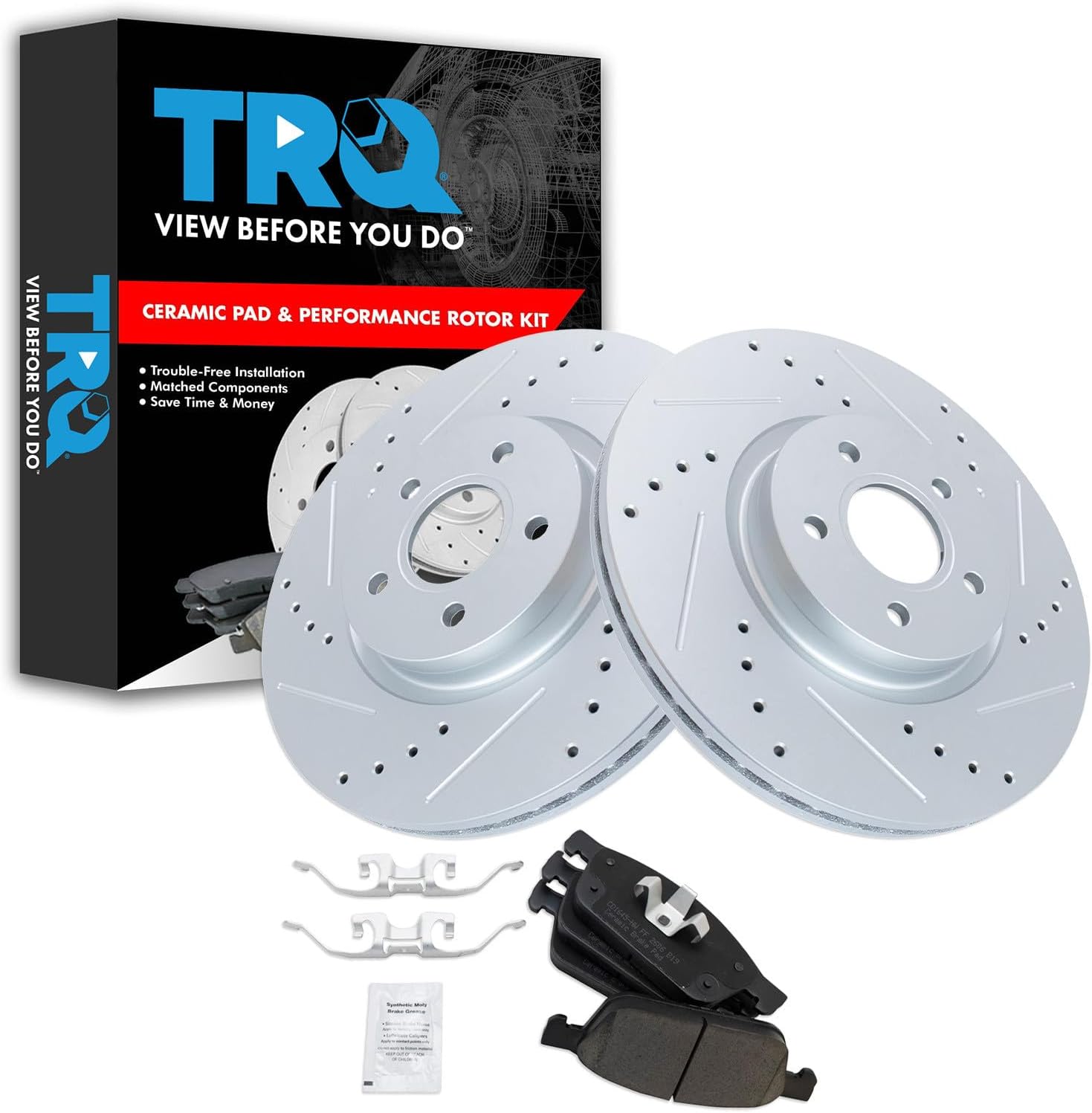 TRQ Performance Front Brake Pad and Rotor Set Ceramic Coated Drilled Slotted Rotors Compatible with 2013-2017 Ford Escape 2014-2018 Transit Connect
