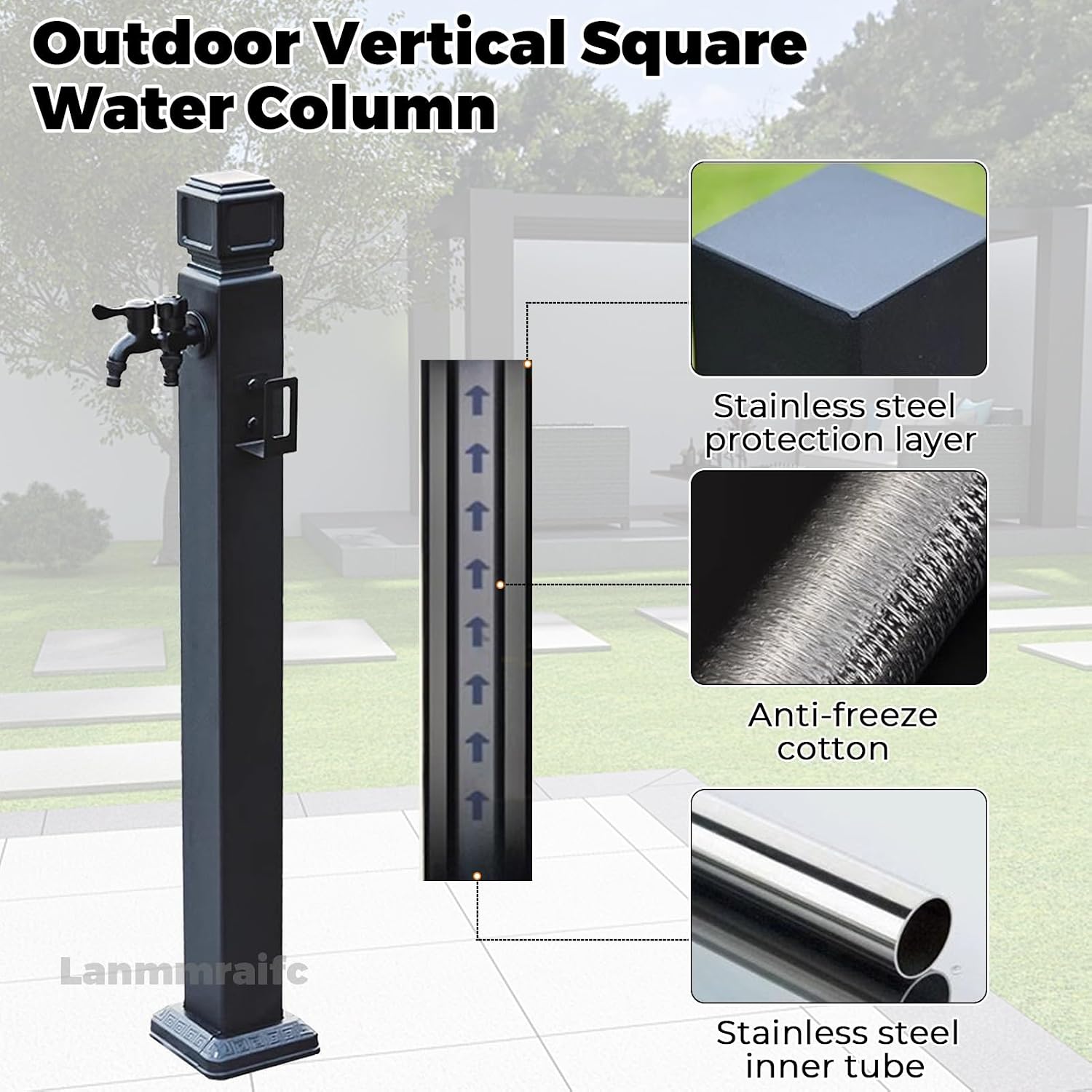 Garden Water Column Outdoor Post Faucet 304 Stainless Steel Square Black Freestanding Hose Stand with Water Dispenser Hydrant for Patio and Lawn Irrigation